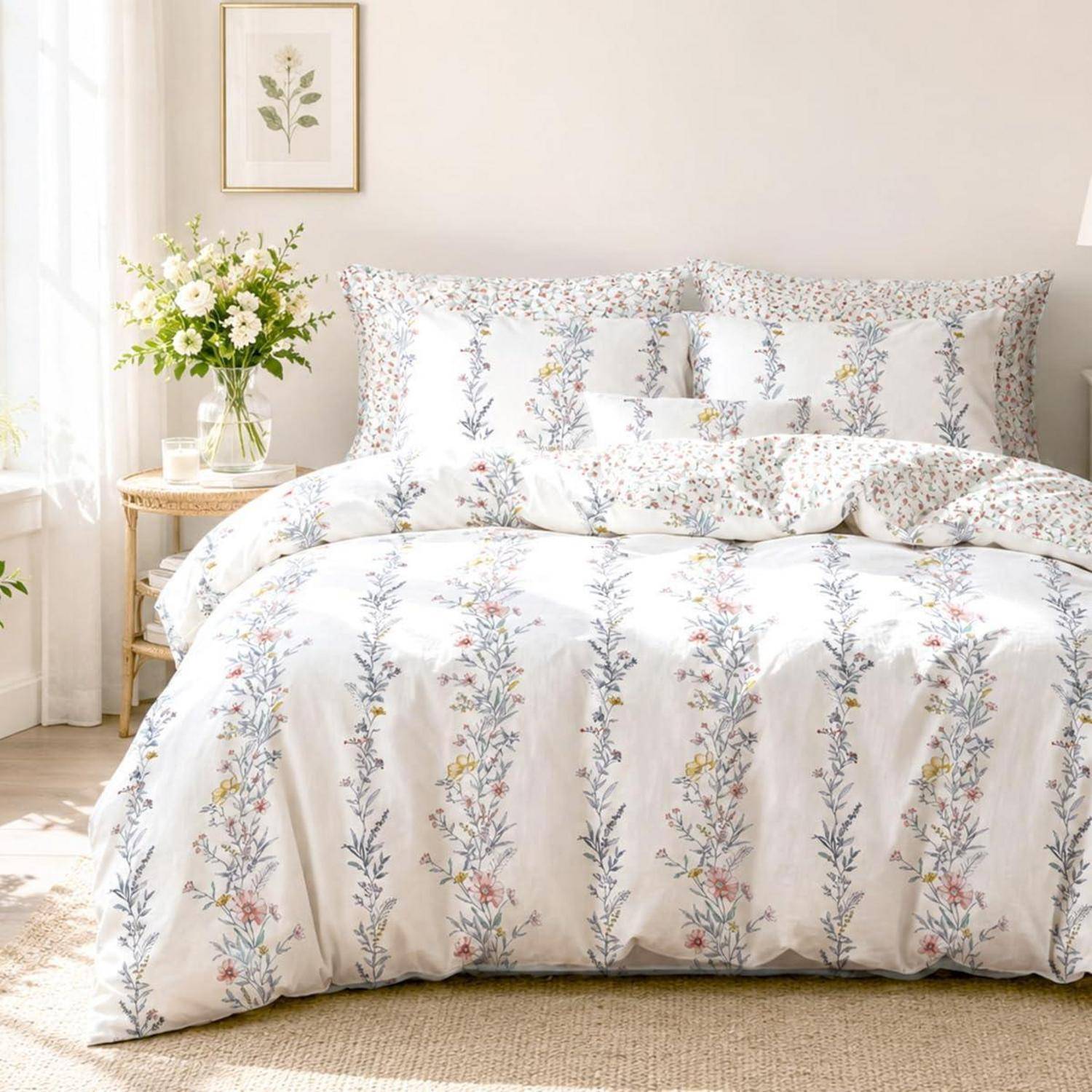 Blumenmuster-Bett mit passendem Bettdecke, Kissen und Kissenbezügen in einem hellen Schlafzimmer neben einer Blumenvase und Wandkunst.