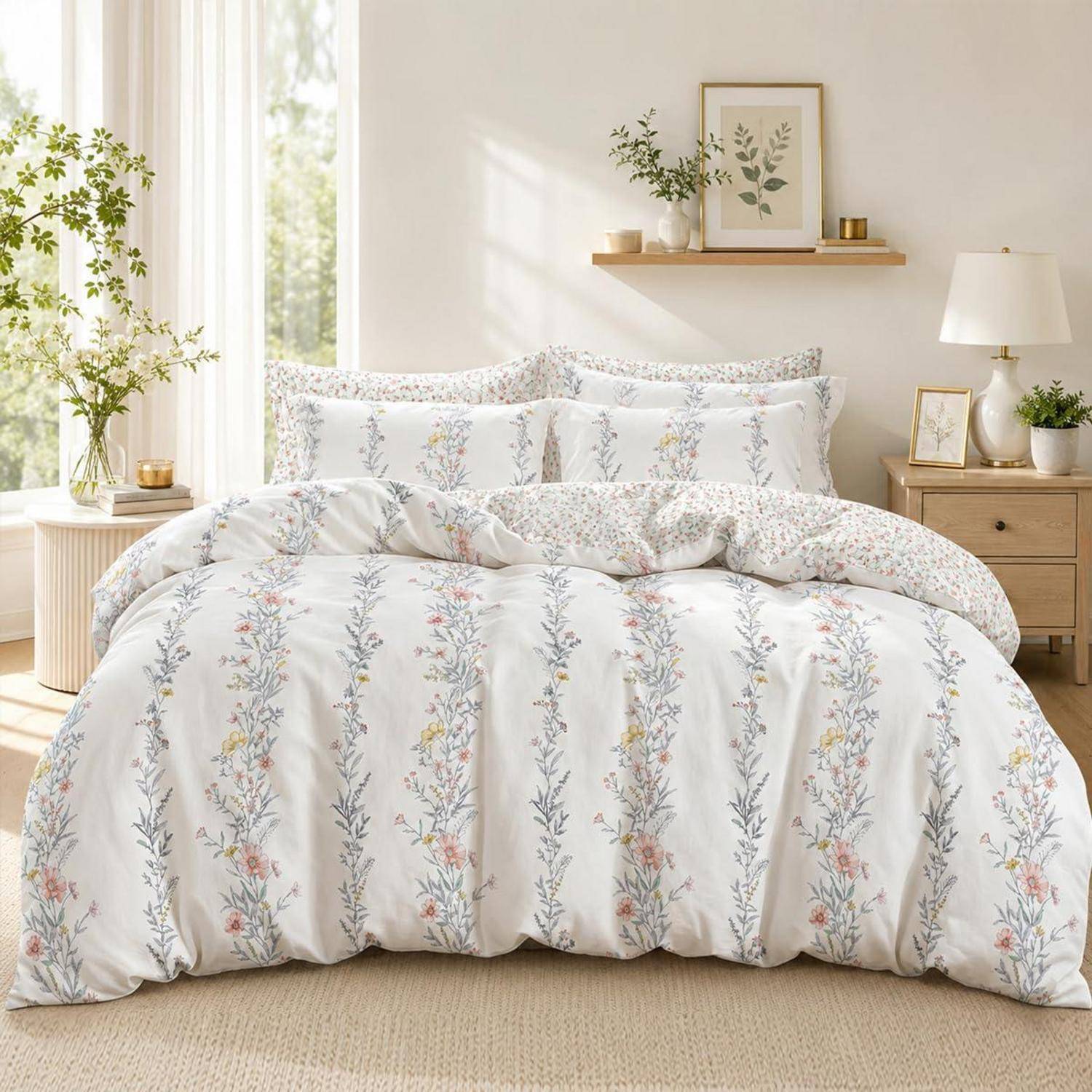 Florales Bettwäsche-Set auf einem ordentlich gemachten Bett in einem hellen, minimalistischen Schlafzimmer mit Holz-Nachttischen, Lampe, Wandkunst und Pflanzen.
