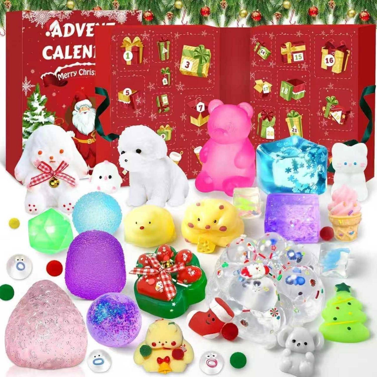 Sortierte weihnachtsthematische Blind-Box-Spielfiguren und weiche Sammelobjekte, die vor einer Adventskalenderbox ausgestellt sind.