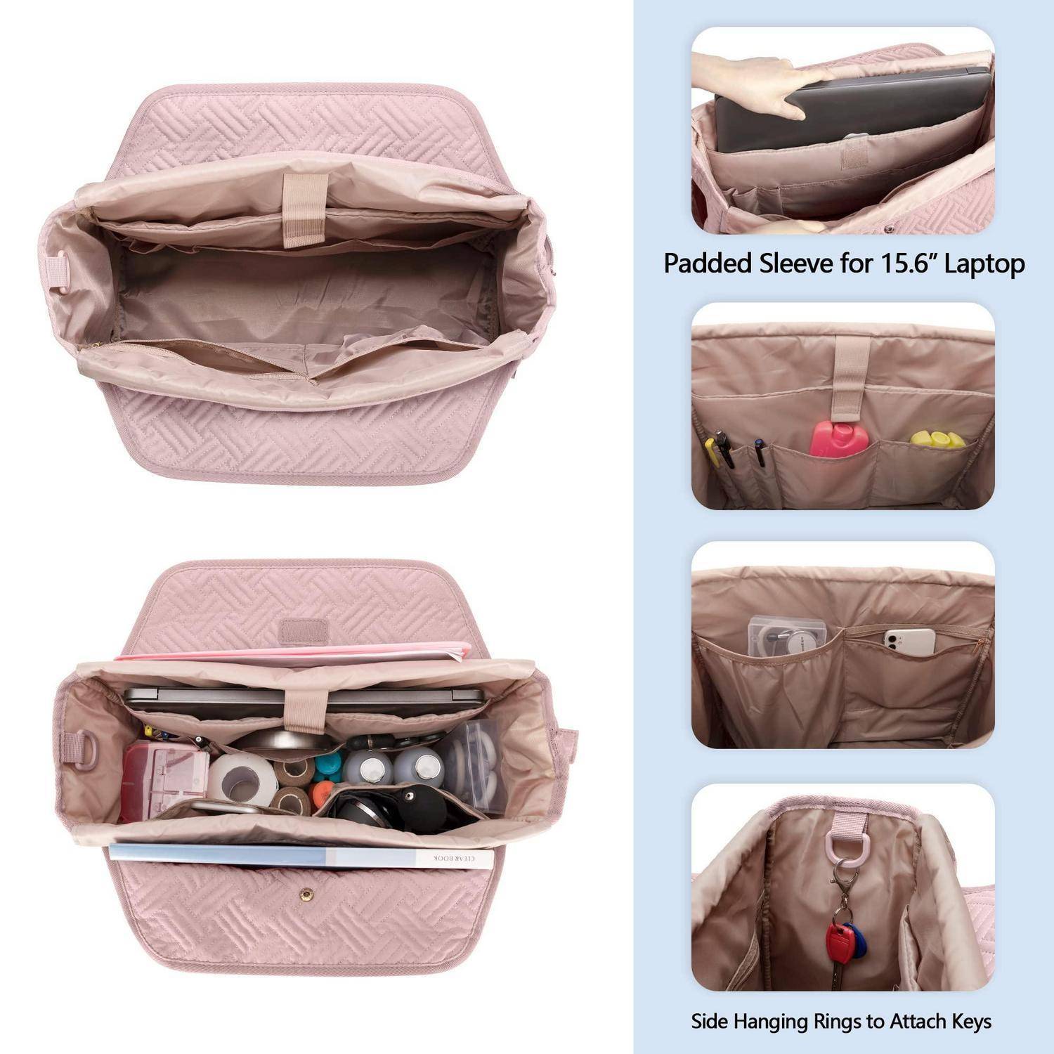 Rosa gesteppte Tasche mit gepolsterter 15,6-Zoll-Laptoptasche, mehreren Innentaschen und seitlichen Ringen für Schlüssel; leer und gefüllt mit Zubehör dargestellt.