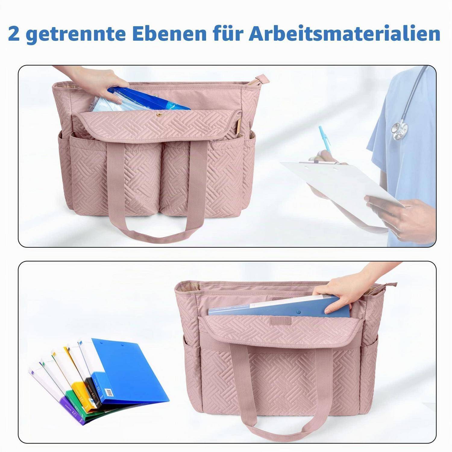 Grafik zeigt eine rosa Arbeitstasche mit zwei separaten Fächern zur Organisation von Büromaterial; ein Panel zeigt Gegenstände, die hineingelegt werden, das andere zeigt separat gelagerte Ordner und Stifte.