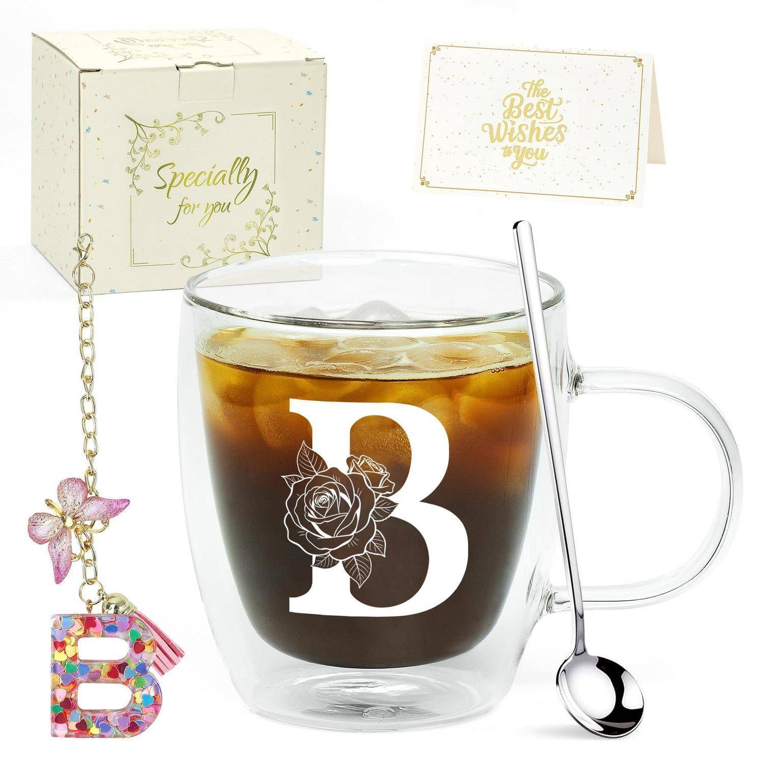 Geschenkset mit einer klaren Glastasse mit großem Blumenbuchstaben „B
