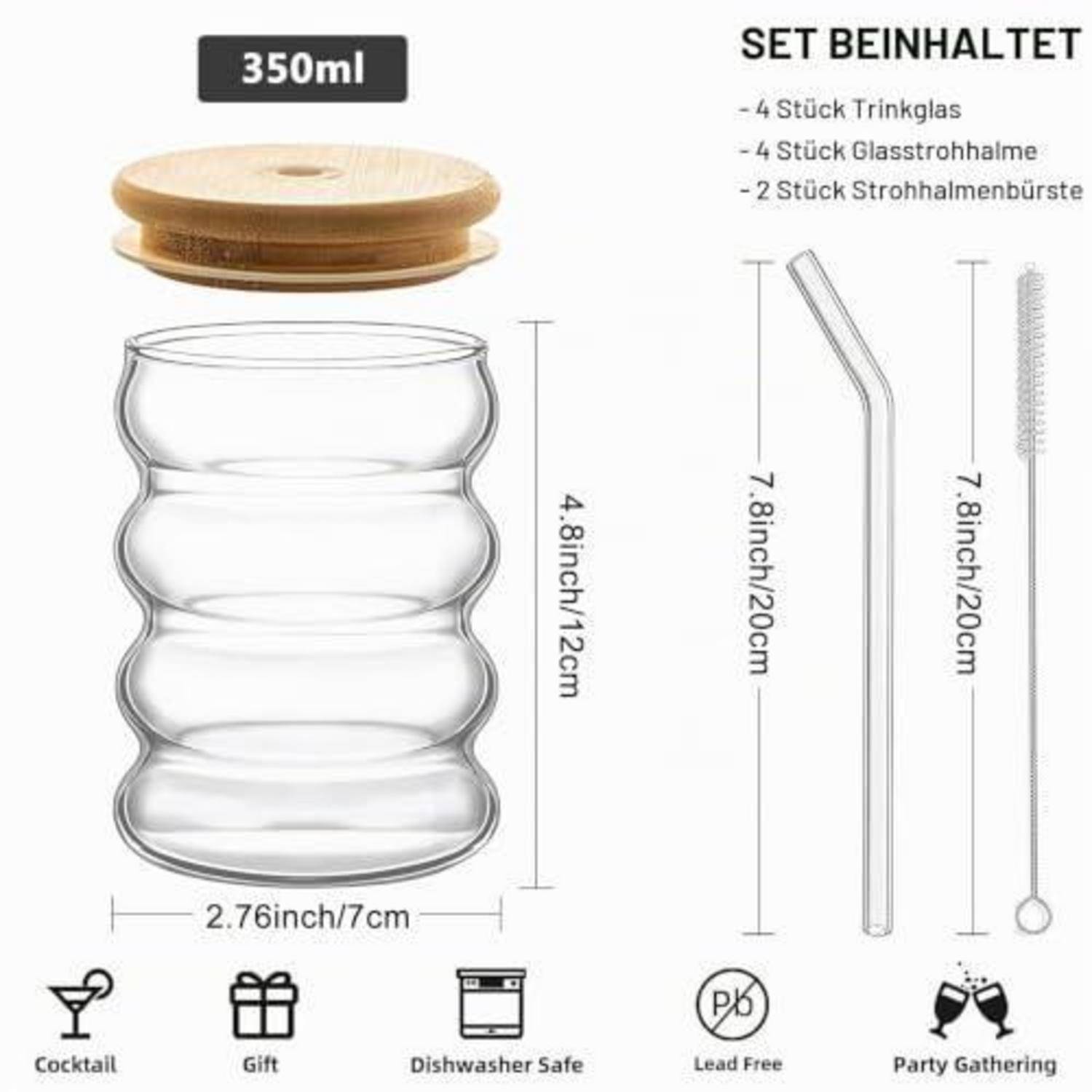 350ml klares geripptes Glas mit Holzdeckel, mit Abmessungen dargestellt; Set enthält 4 Trinkgläser, 4 Glasstrohhalme und 2 Reinigungsbürsten.