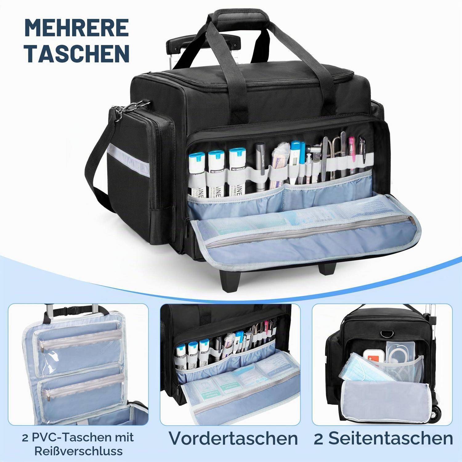 Schwarze Organizer-Tasche mit mehreren Fächern, aufgeklappt mit Stiften und Zubehör dargestellt; Text sagt „MEHRERE TASCHEN" und beschriftet vordere, seitliche und PVC-Taschen.