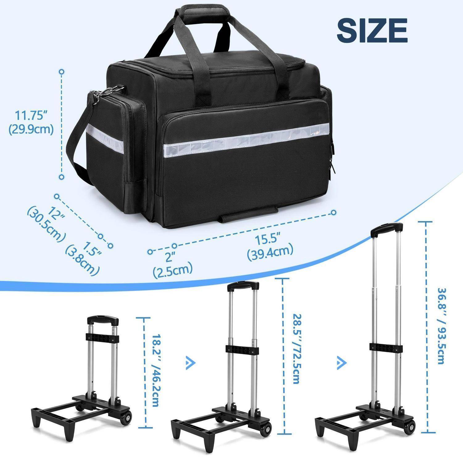 Größentabelle für eine schwarze Reisetasche mit Rollen und ihren klappbaren Wagen, die Taschendimensionen von 15,5 x 11,75 x 12 Zoll und Wagenhöhen von 18,2 bis 36,8 Zoll zeigt.