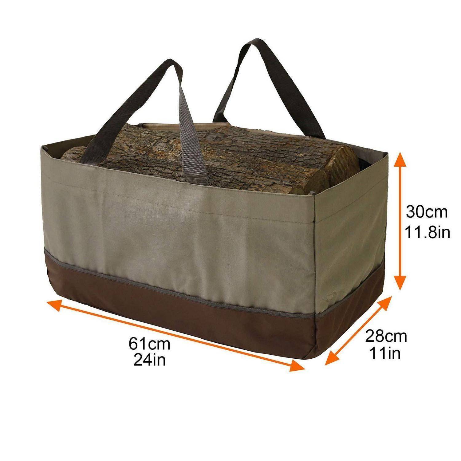 Stoffholzträgertasche mit Griffen, mit den Abmessungen: 61 cm lang, 28 cm breit, 30 cm hoch; gefüllt mit Brennholz.