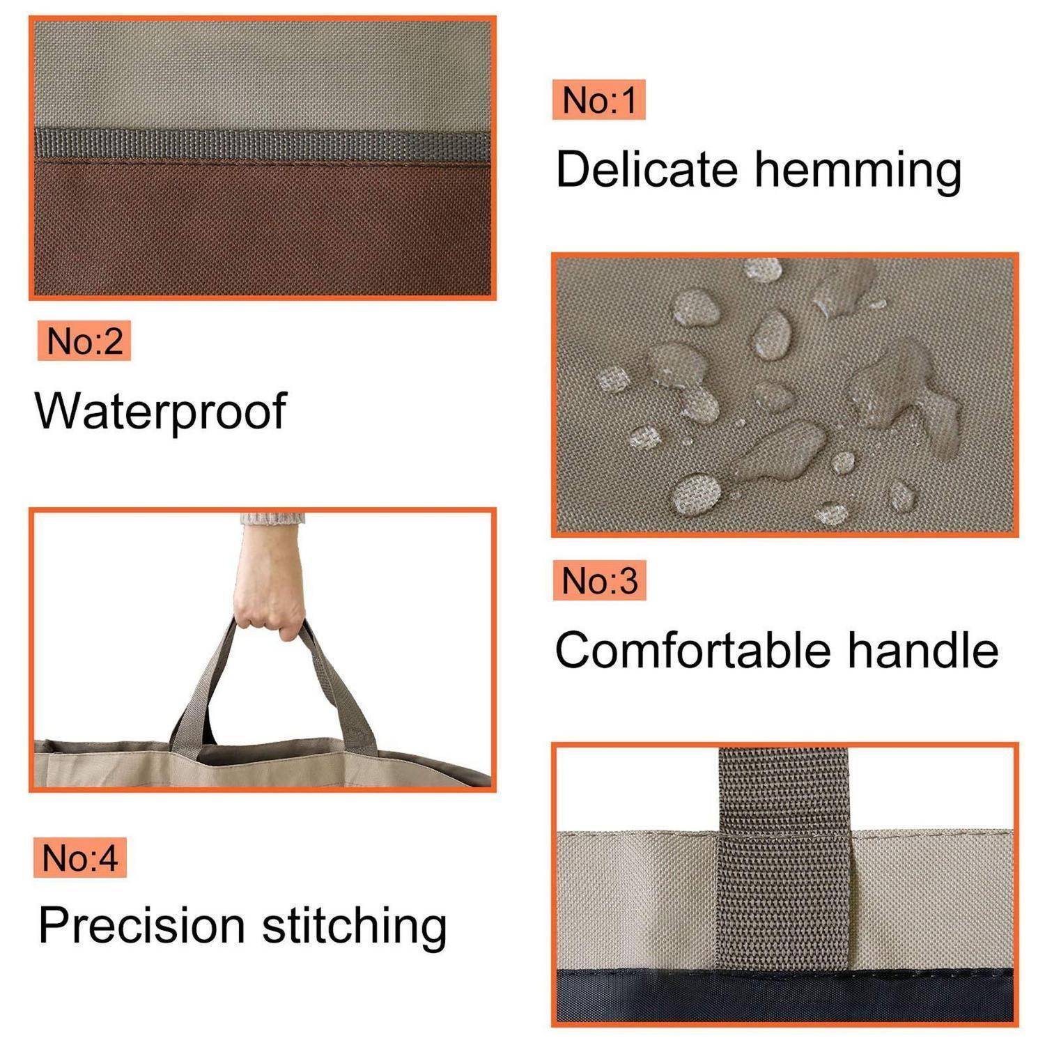 Collage einer Tasche, die vier Merkmale zeigt: zartes Säumen, wasserdichtes Gewebe mit Wassertropfen, bequeme Griffe und präzise Nähte.
