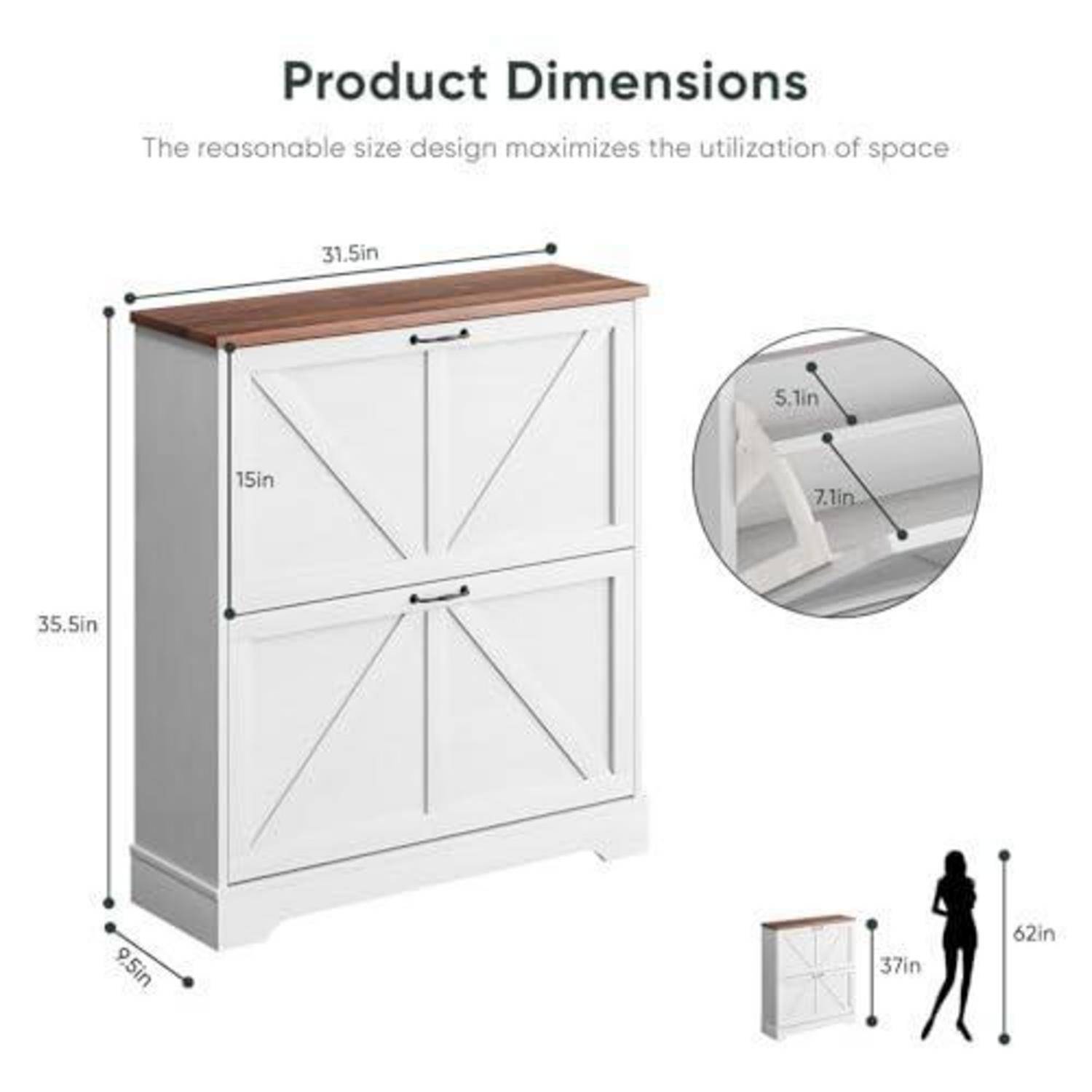 Produktmaßstab-Diagramm eines weißen Lagerschranks mit Holzplatte: 31,5 Zoll breit, 35,5 Zoll hoch, 15 Zoll tief; Regaldetail zeigt 5,1 Zoll und 7,1 Zoll Abstände.