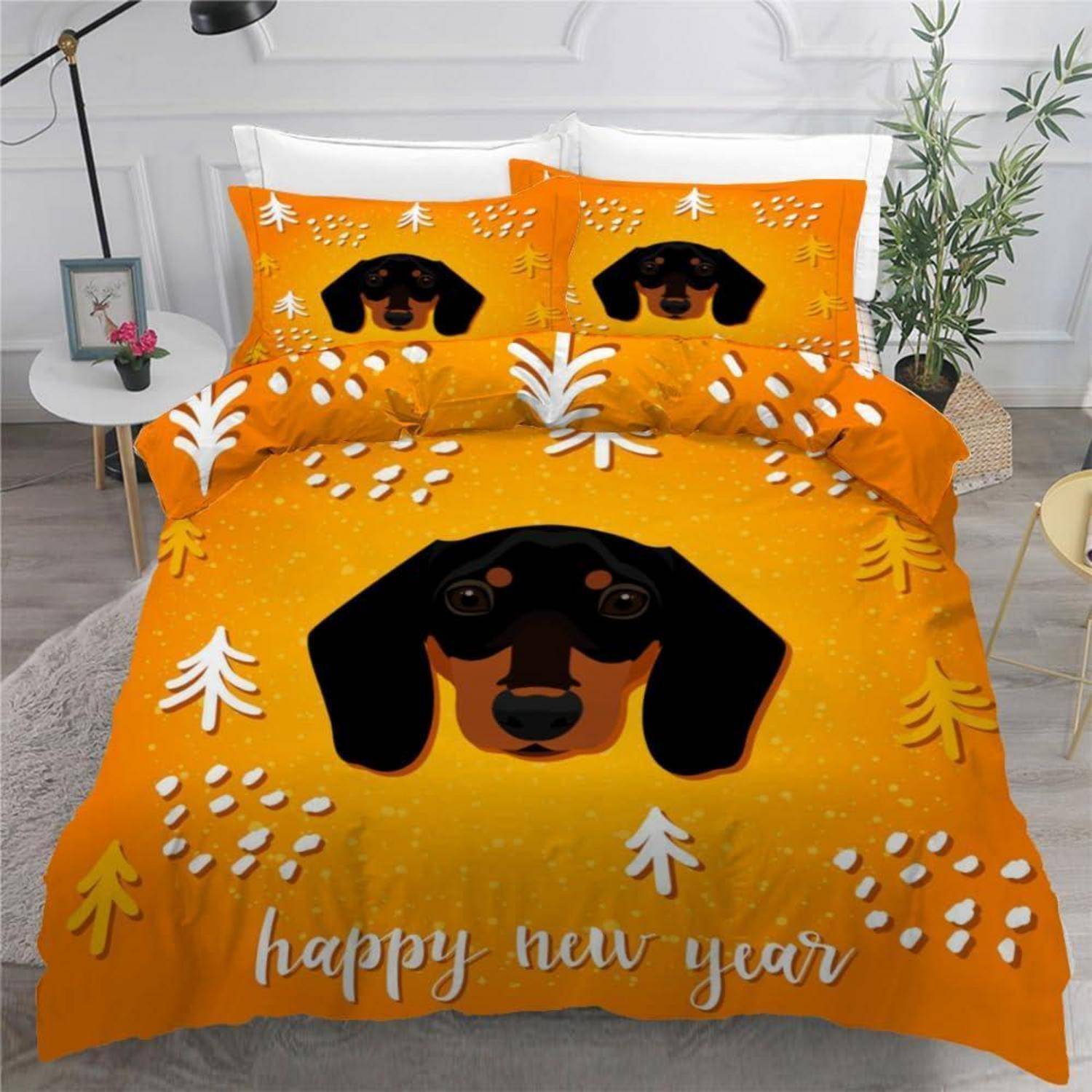 Orangefarbenes, hundebemaltes Bettwäscheset mit Dachshundgesicht und „Frohes neues Jahr