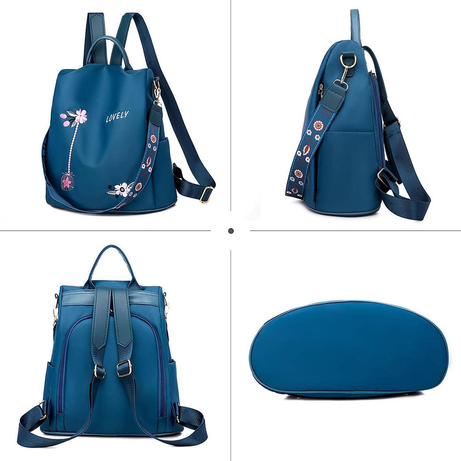 Blauer Rucksack-Geldbeutel von vorne, von der Seite, von hinten und von unten gezeigt, mit Blumenstickerei, Schultergurten und oberem Griff.