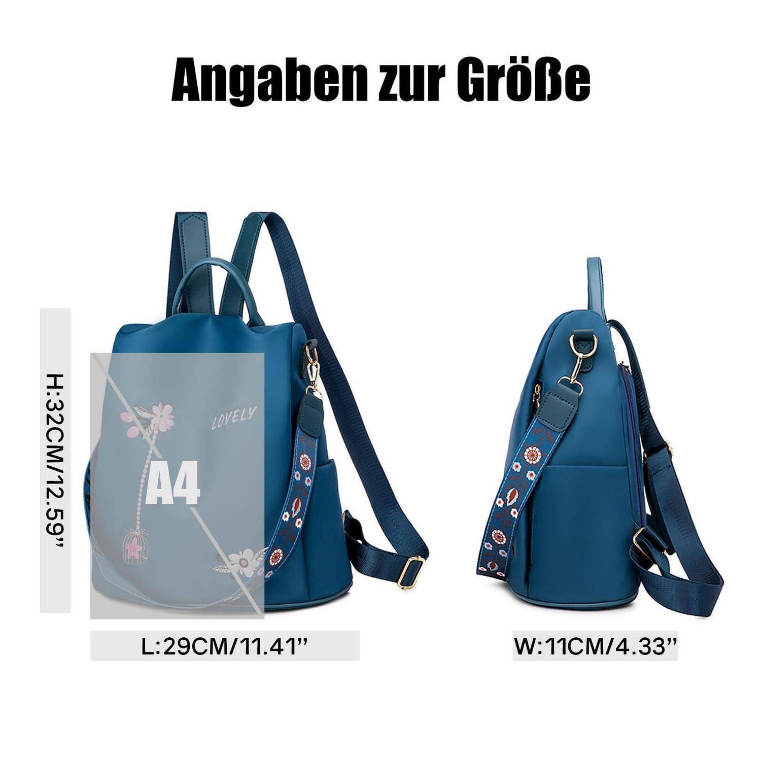 Größenleitfaden für einen blauen Rucksack mit Abmessungen: H 32 cm, L 29 cm, B 11 cm, mit Angabe zur Passform von A4-Papier.