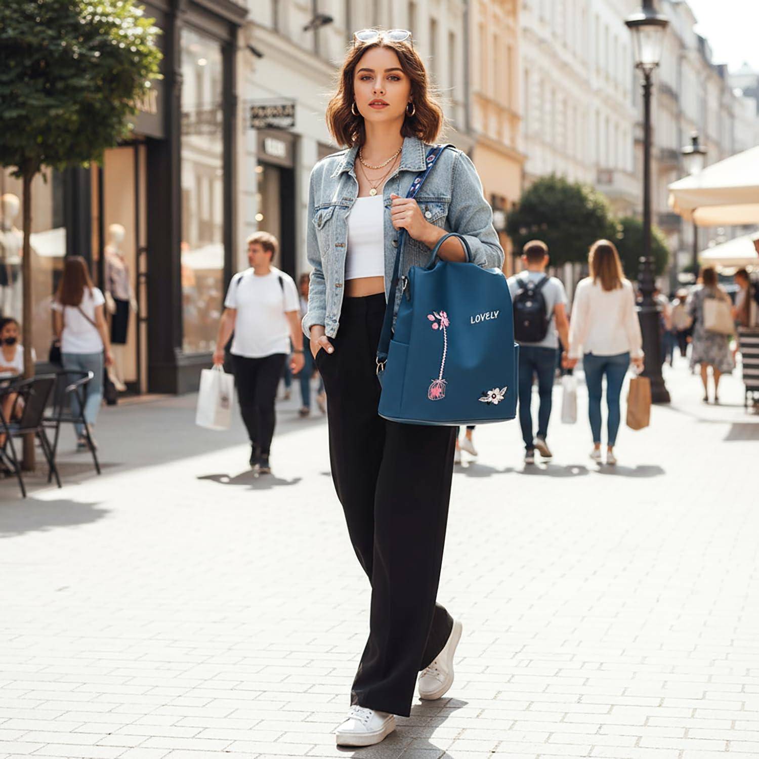 Eine Frau geht an einem sonnigen Tag auf einer Stadtstraße und trägt eine blaue Tragetasche mit der Aufschrift „LOVELY