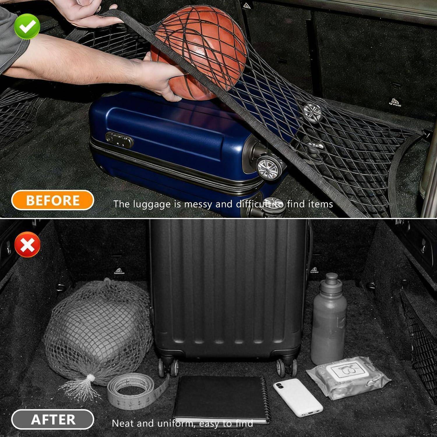 Geteiltes Bild, das die Kofferraumorganisation vorher und nachher zeigt: oben ist es chaotisch mit losem Gepäck und einem Basketball unter einem Netz; unten sind ein Koffer, Taschen und kleine Gegenstände ordentlich angeordnet für einfachen Zugriff.