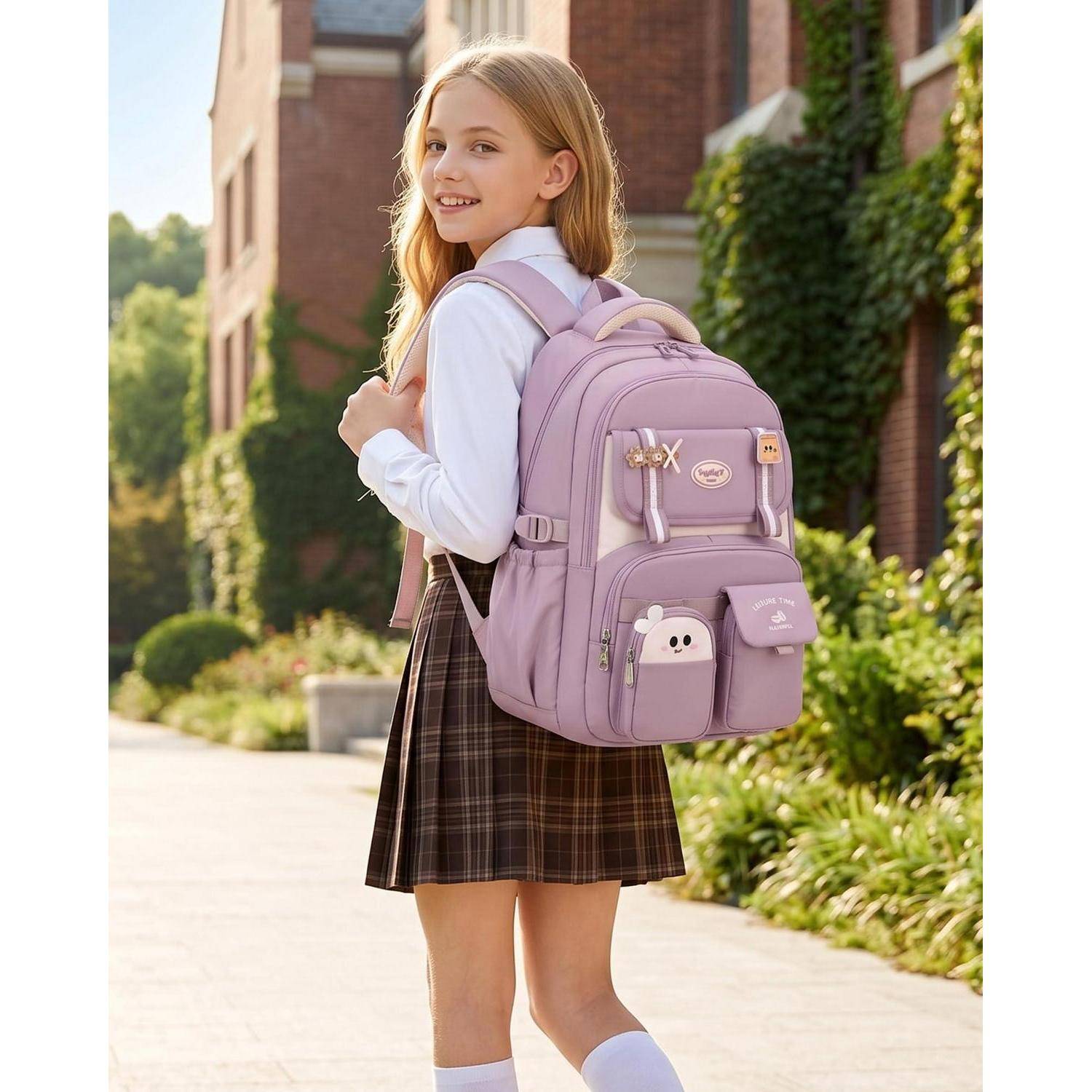 Junges Mädchen in Schuluniform, das draußen lächelt und einen lavendelfarbenen Rucksack mit vorderen Taschen trägt.