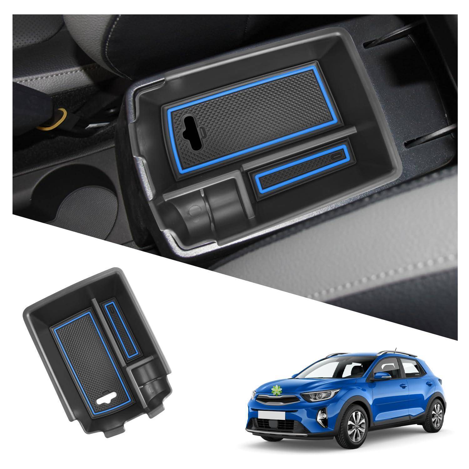 Benutzerdefinierbares Organizer-Tablett für die Mitttelkonsole in Schwarz mit blauem Rand, gezeigt installiert in einem Auto, zusammen mit einem separaten Tablett-Einsatz und einer blauen SUV-Illustration.