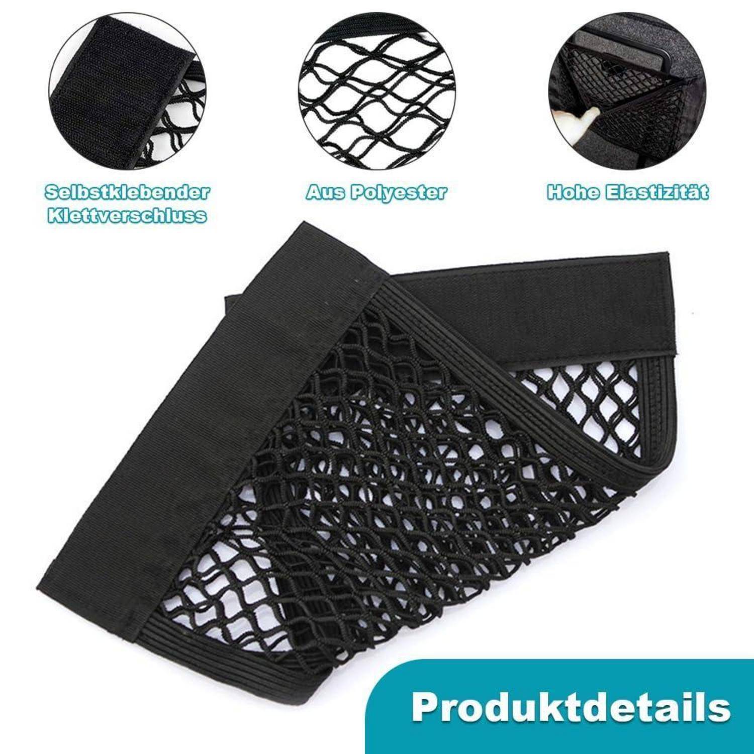 Schwarze elastische Polyester-Netztasche für Autolagerung mit selbstklebender Klettverschluss; Produktdetailbild mit deutschen Bezeichnungen.