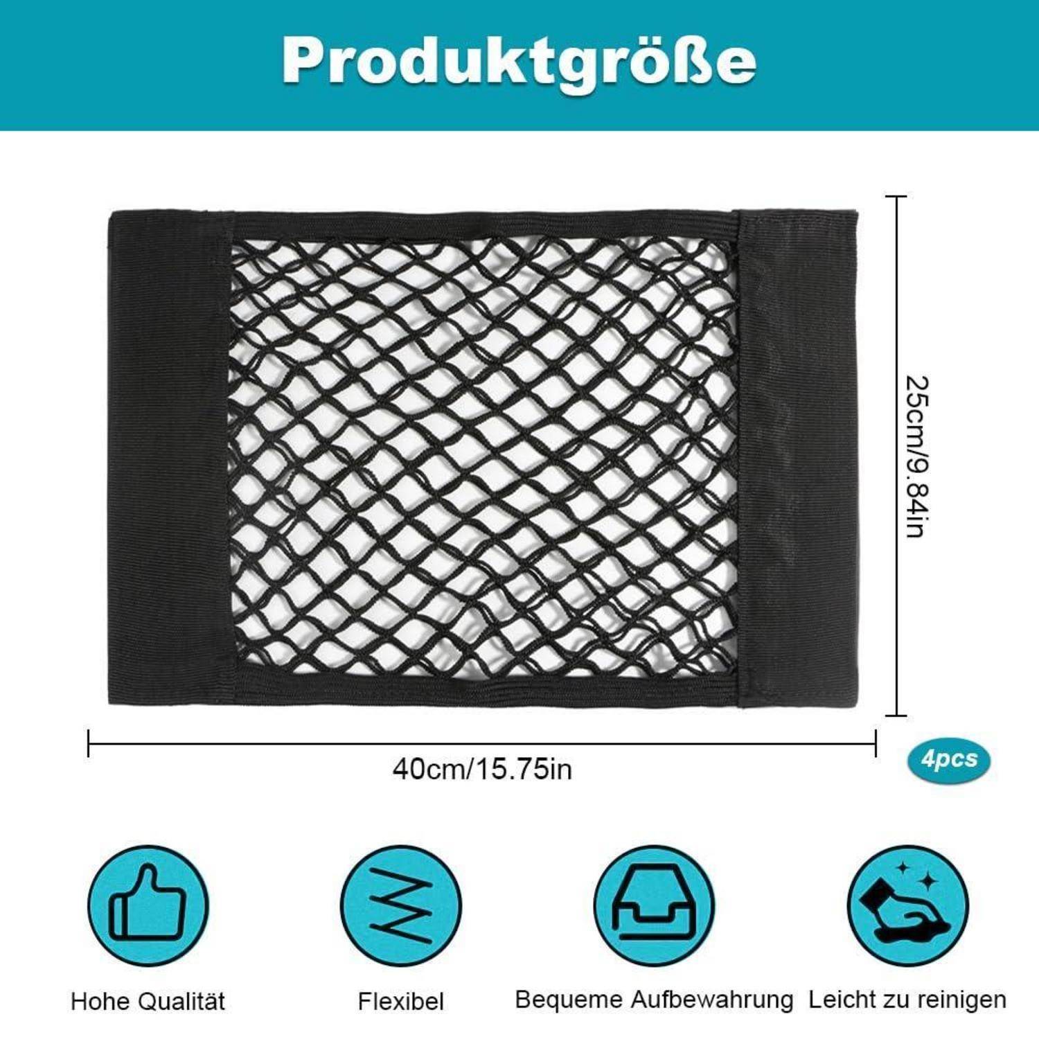 Produktgrößenbild eines schwarzen Netzautolagernetzes mit den Maßen 40 cm breit mal 25 cm hoch, mit Etiketten für hohe Qualität, flexibel, einfache Lagerung und einfache Reinigung.