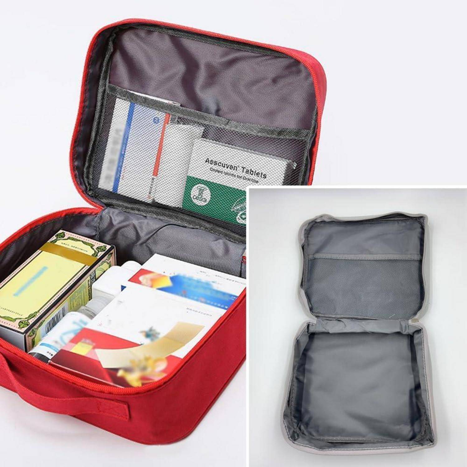 Rote Reißverschlusstasche für Aufbewahrung mit offenen Fächern, die Bücher und Tablets halten, plus eine Detailansicht der leeren Tasche von innen.