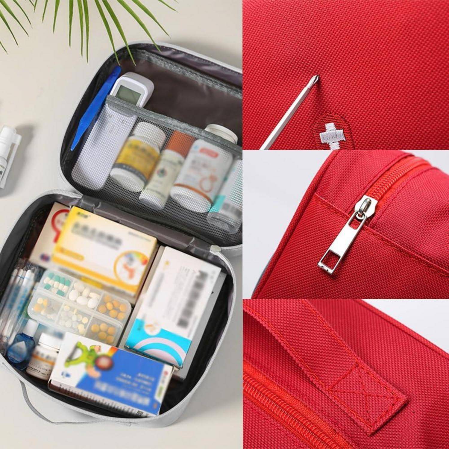 Rote Erste-Hilfe-Tasche geöffnet, um organisierte Arzneimittel und Verbrauchsmaterialien zu zeigen; Nahaufnahmen zeigen den Reißverschluss, den Tragegriff und die äußere Tasche.