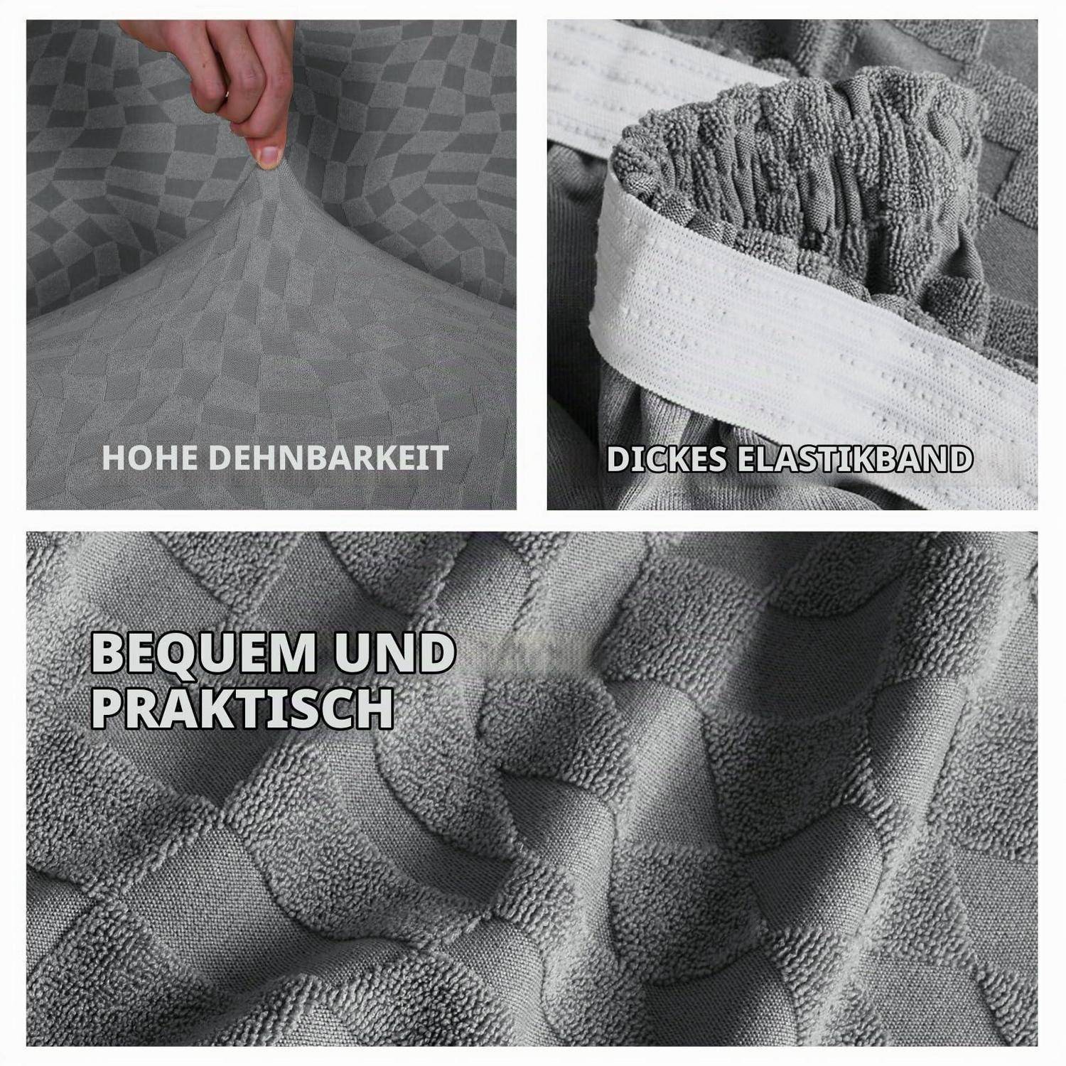 Collage, die einen grauen, strukturierten Stoff zeigt, der gedehnt und gerafft wird, und die Merkmale "HOHE DEHNBARKEIT"", ""DICKES PLASTIKBAND"" und ""BEQUEM UND PRAKTISCH"" hervorhebt.