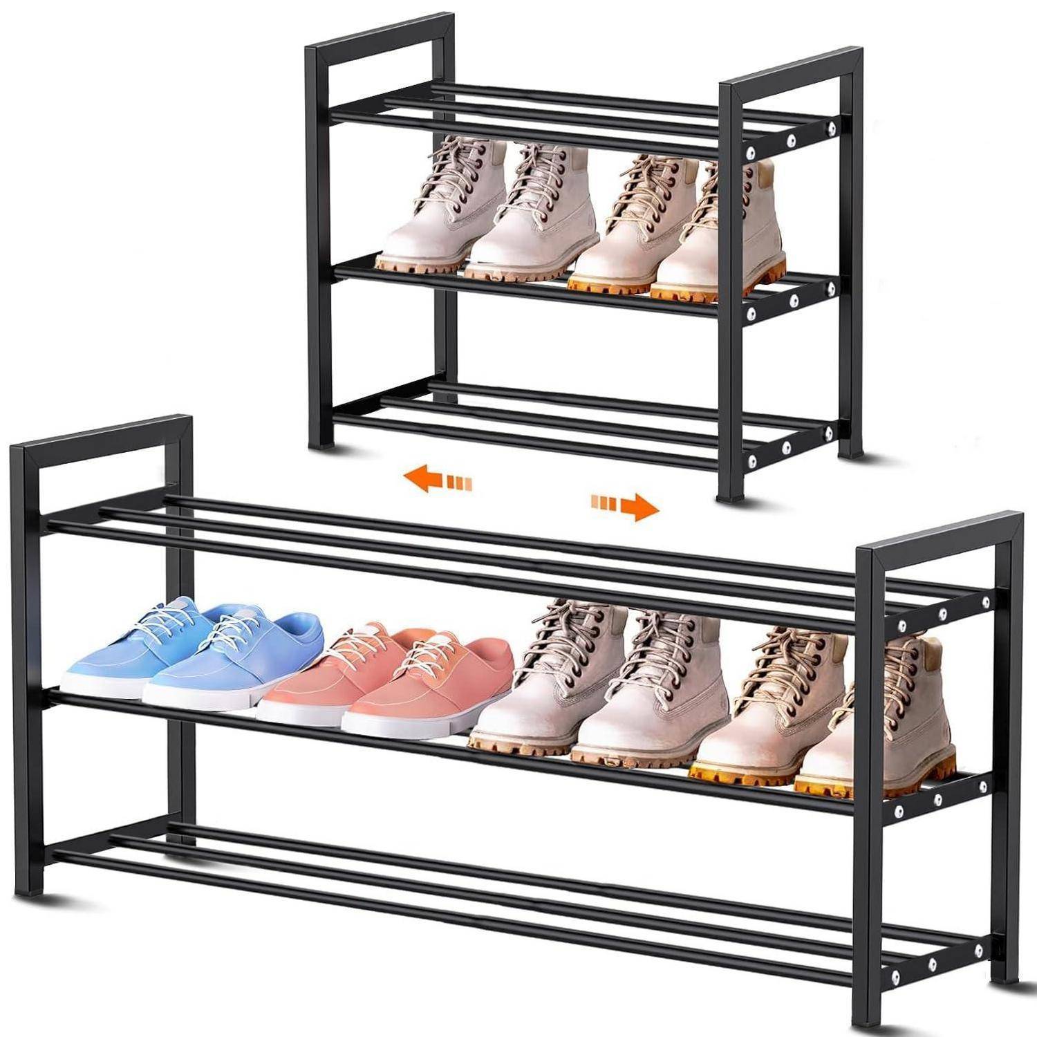 Erweiterbares Schuhregal aus schwarzem Metall, das in kompakter und erweiterter Breite dargestellt ist und mehrere Schuhpaare auf zwei Regalen hält.