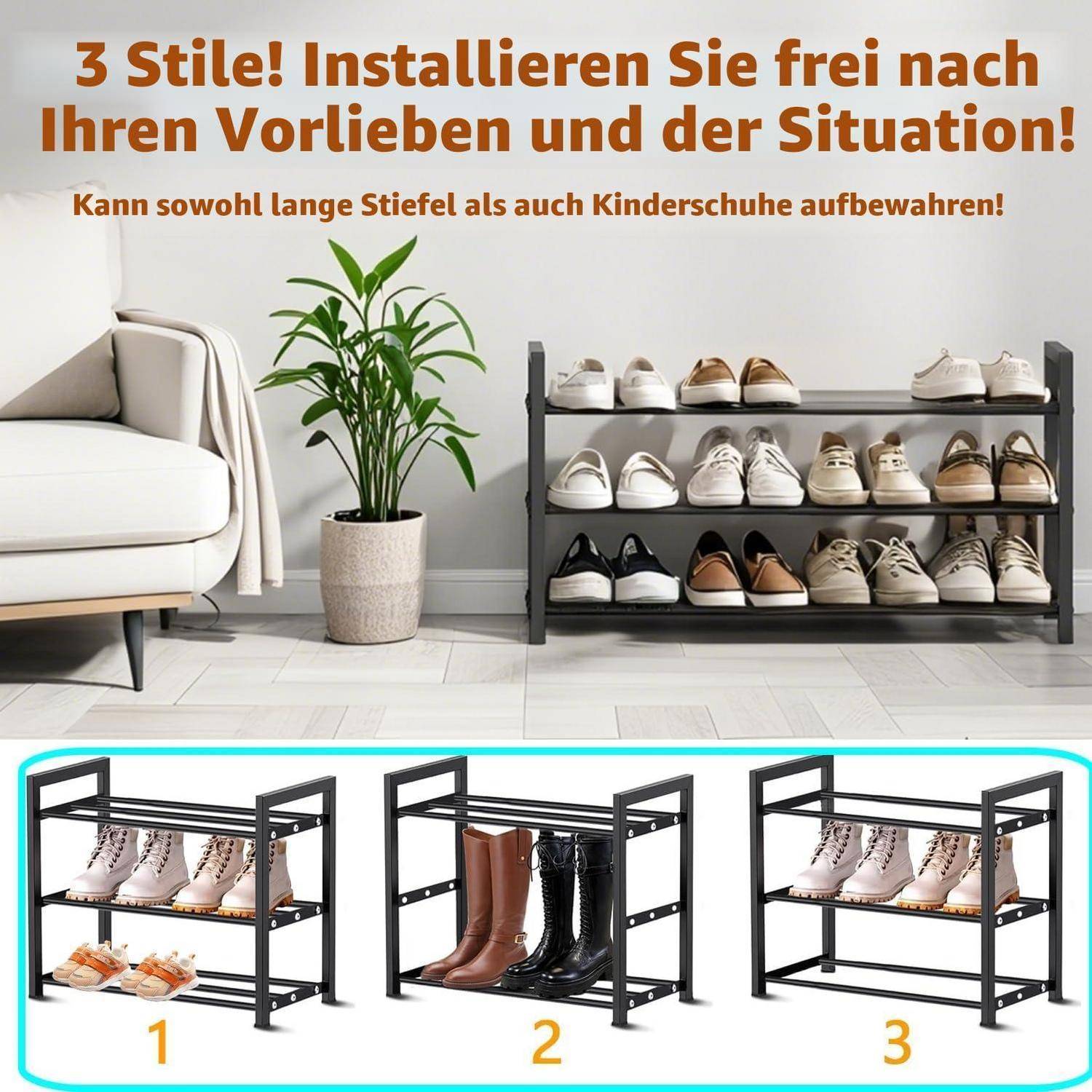 # Anzeige für ein 3-stufiges verstellbares Schuhregal mit deutschem Text, das Schuhe und Stiefel in einem Wohnzimmer hält; drei Aufbauvarianten sind unten abgebildet.