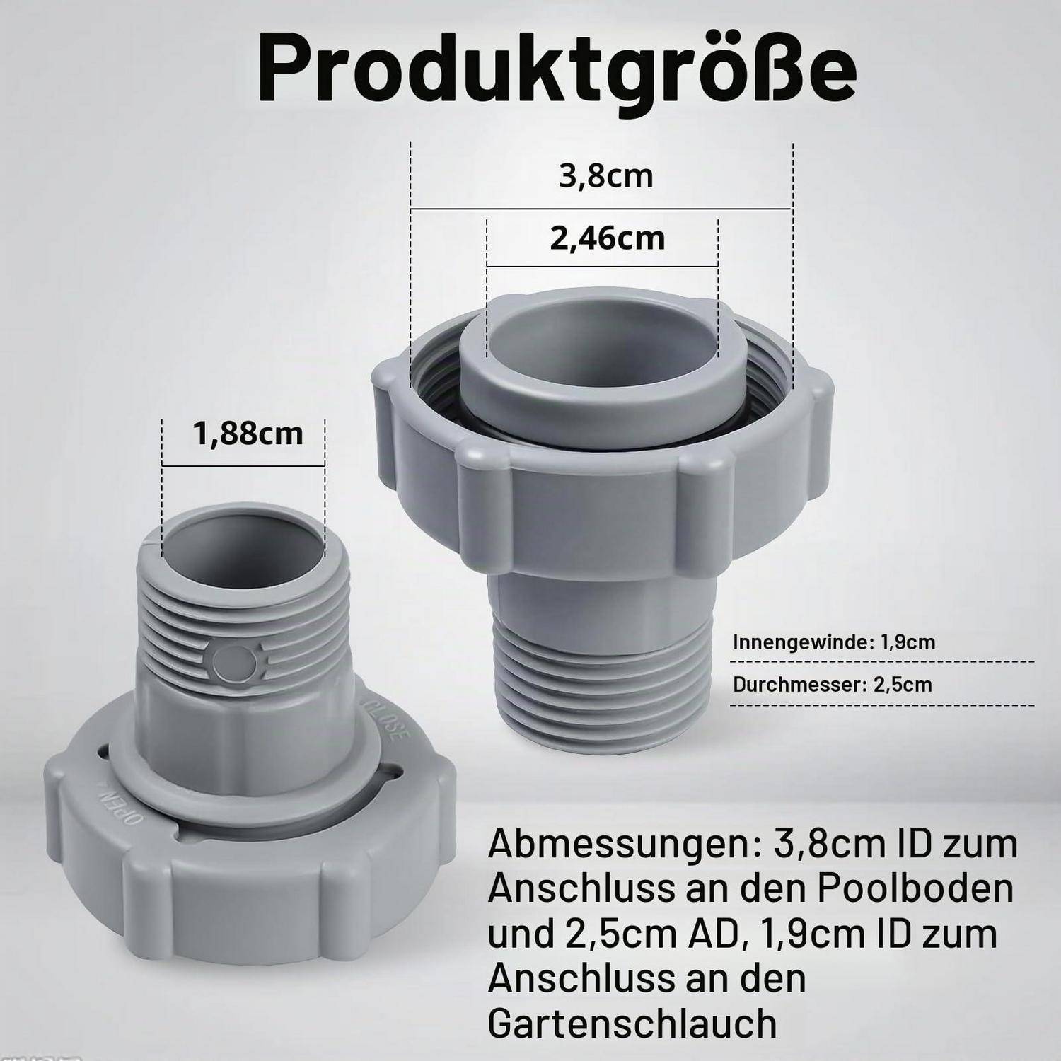 Größendiagramm des Produkts eines grauen Pooladapters mit den Abmessungen 3,8 cm, 2,46 cm, 2,5 cm Durchmesser und 1,9 cm Innendurchmesser für Poolboden- und Gartenschlauchanschluss.