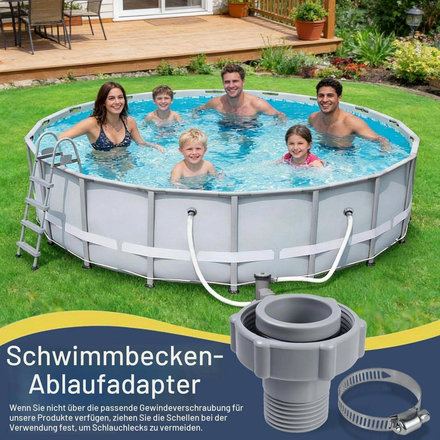 Fünf Personen in einem Aufstellpool im Hinterhof; Das Produktetikett unten liest „Schwimmbecken-Ablaufadapter
