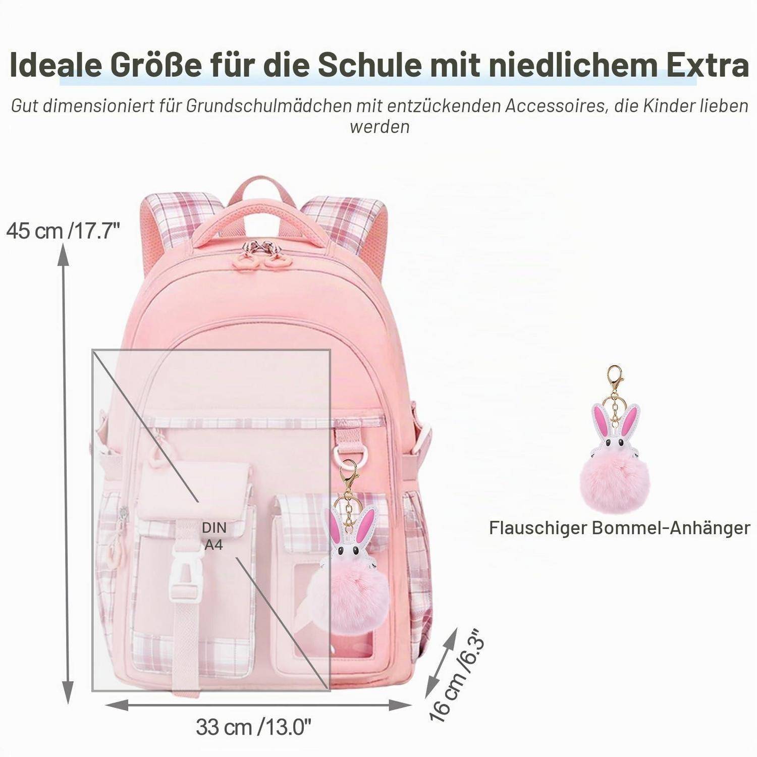 Rosiger Schulrucksack mit Häschen-Pompon-Anhänger; Größe 45 cm hoch, 33 cm breit, 16 cm tief, passt DIN A4.