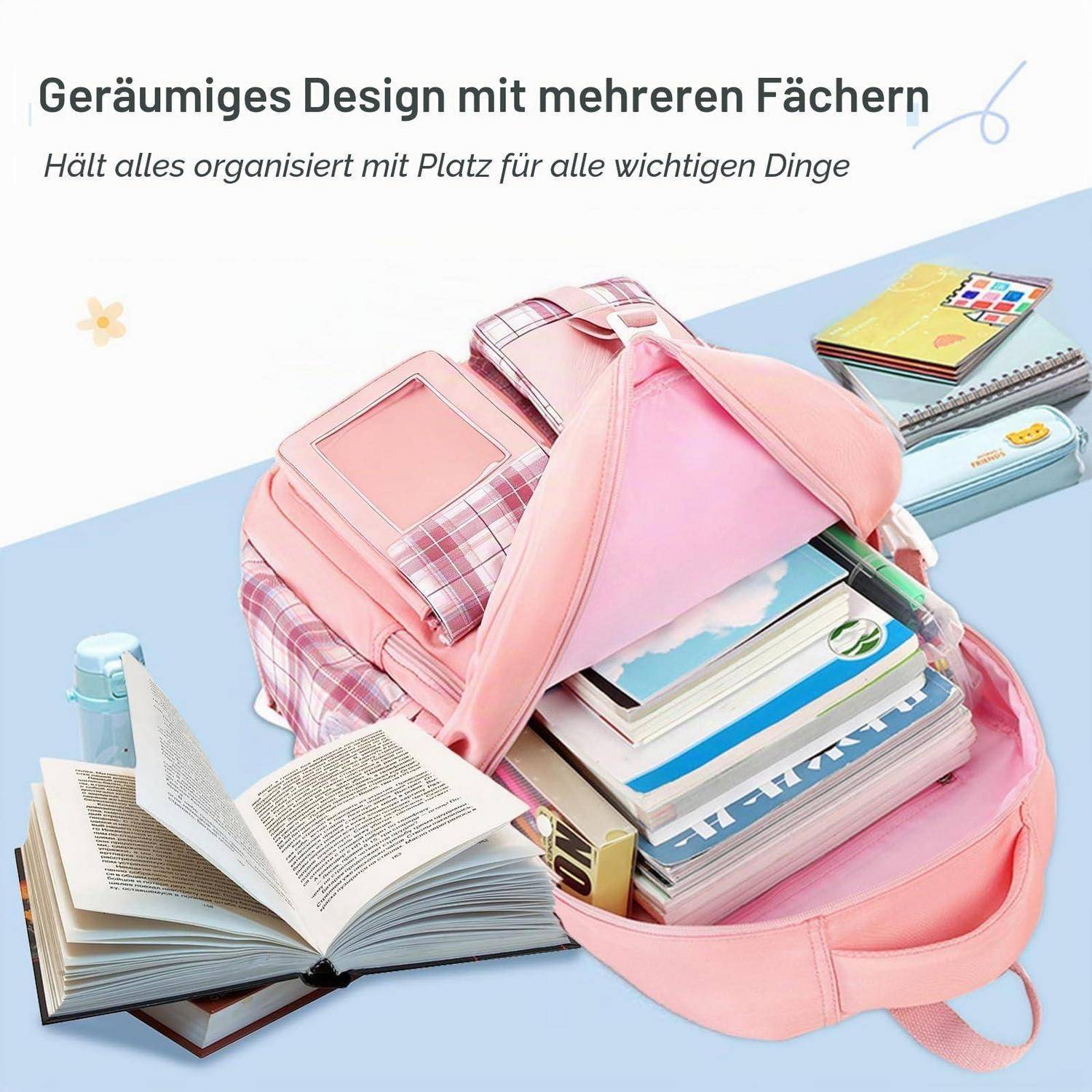 Rosarucksack mit mehreren Fächern, offen dargestellt und gefüllt mit Büchern und Notizbüchern; deutscher Text besagt, dass er ein geräumiges Design hat und die Dinge organisiert hält.