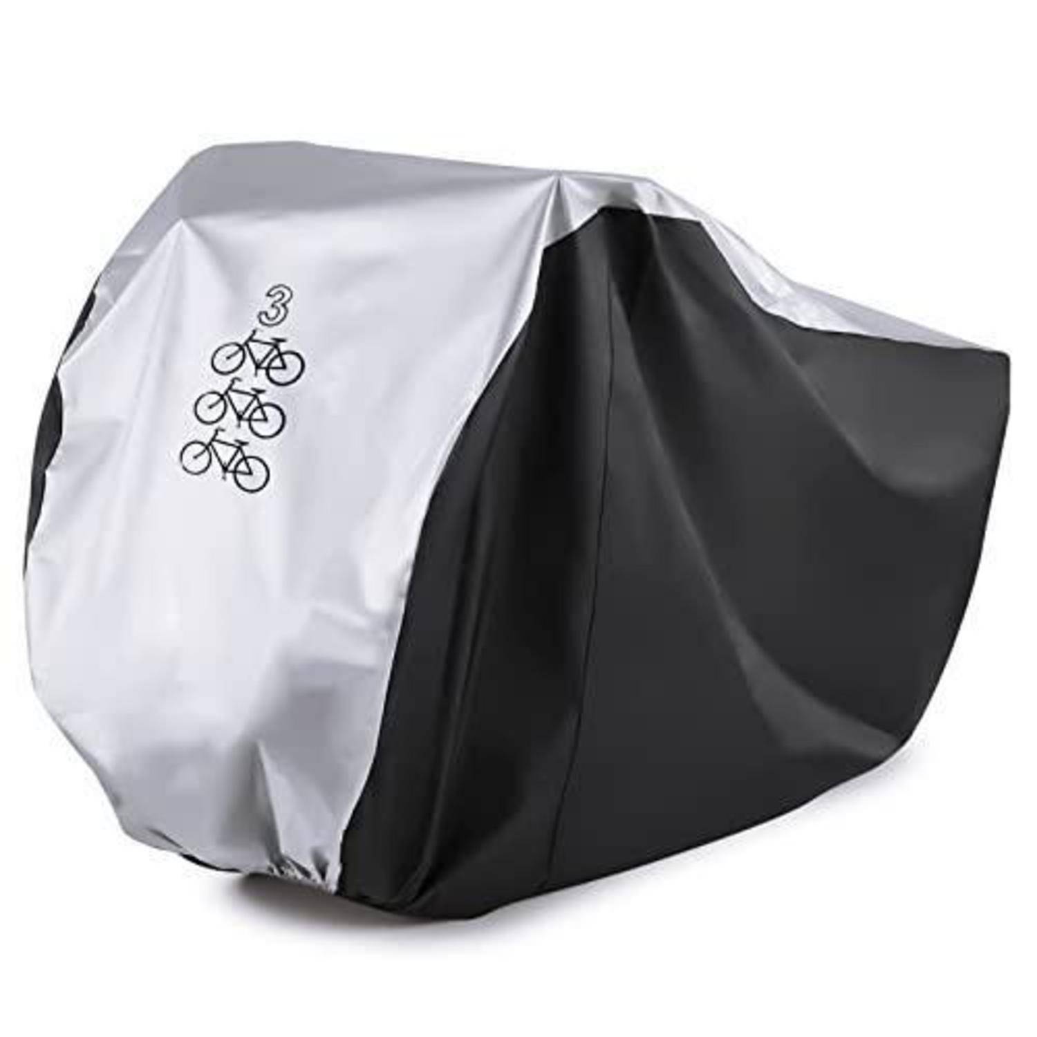 Grauer und schwarzer Fahrradschutz mit einem Symbol für "3 Fahrräder"", zum Schutz eines Fahrrads vor Wetter und Staub.