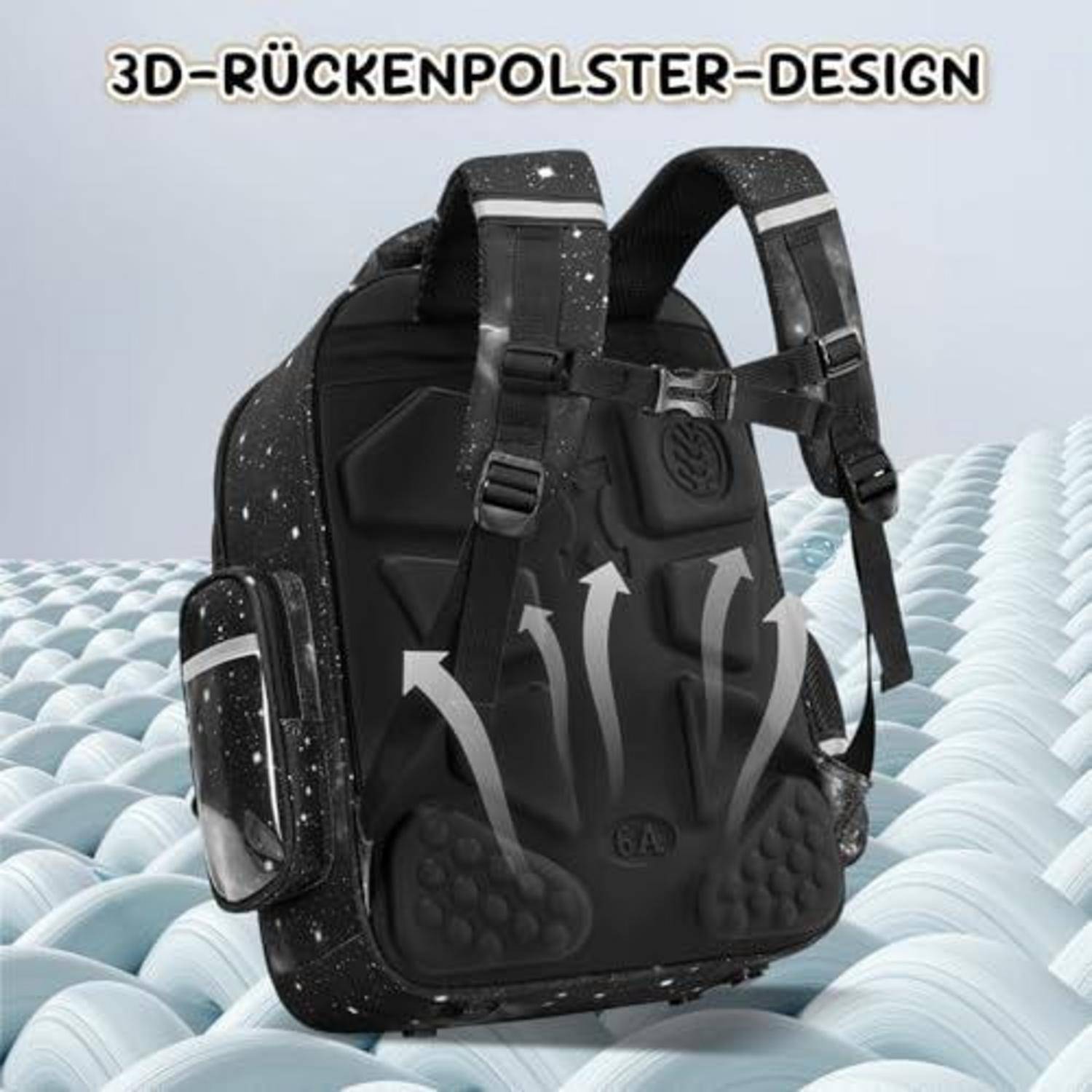 Schwarzer Rucksack mit "3D-RÜCKENPOLSTER-DESIGN""-Text und Pfeilen, die die gepolsterte Rückenunterstützung für Belüftung und Komfort zeigen.