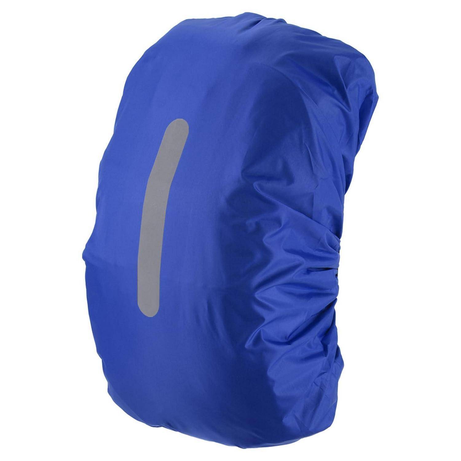 Blaue Regenschutzhaube für einen Rucksack, gezeigt auf weißem Hintergrund.