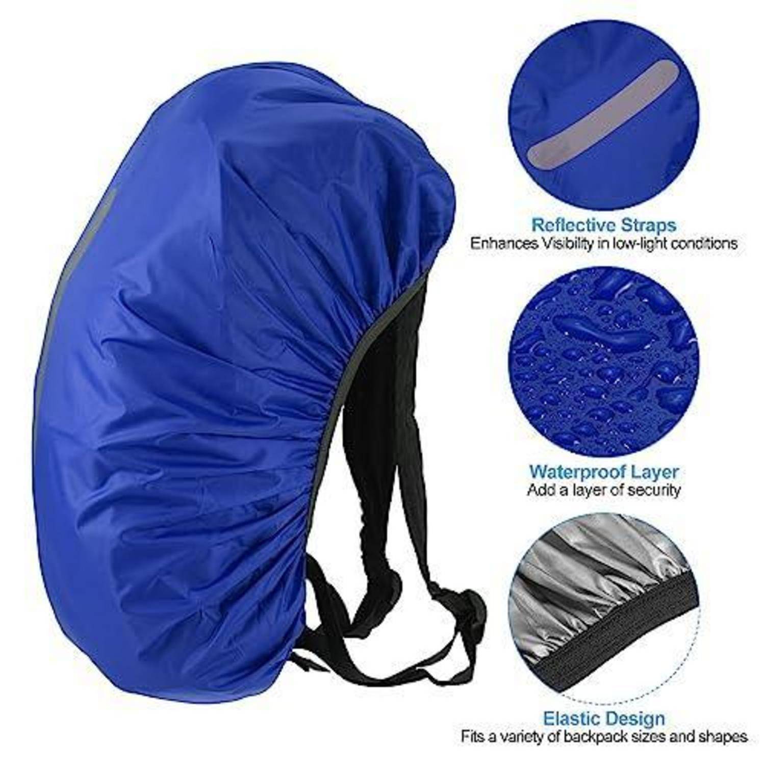 Blauer wasserdichter Rucksack-Regenschutz mit schwarzen Riemen und reflektierendem Streifen; eingefügte Beschriftungen heben reflektierende Riemen, wasserdichte Schicht und elastische Passform hervor.