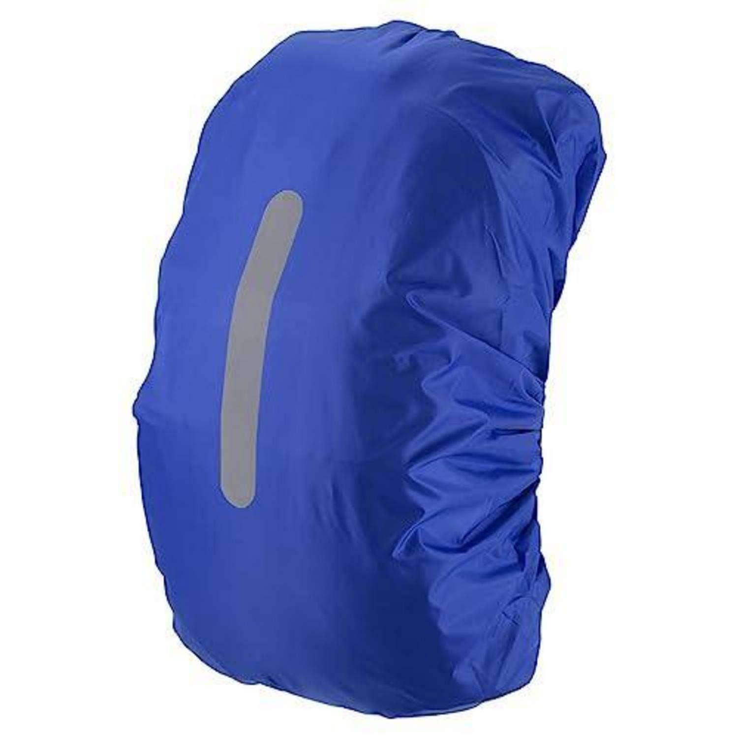 Blauer wasserdichter Rucksackregenschutz mit reflektierendem vertikalen Streifen auf der Vorderseite, gezeigt auf weißem Hintergrund.