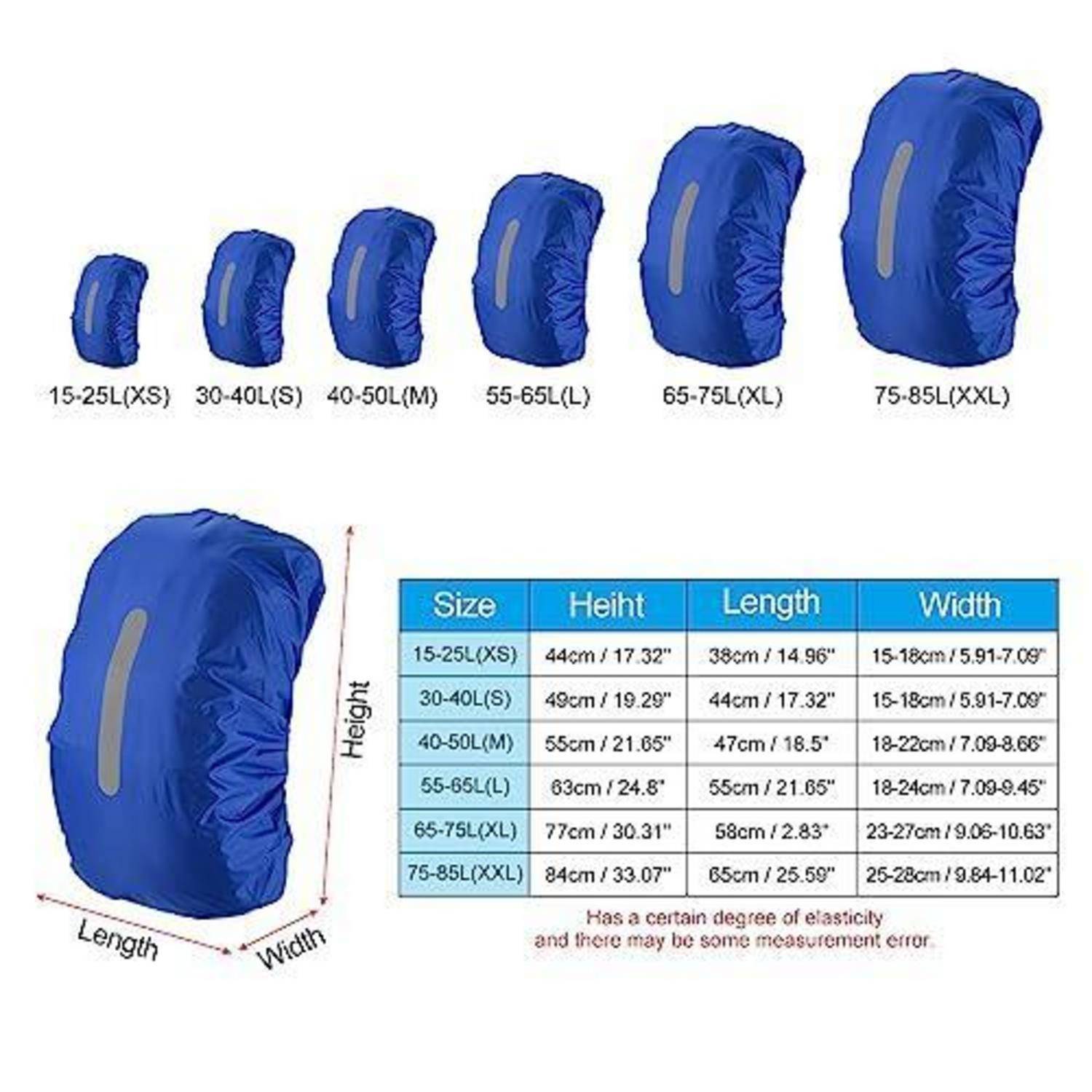 Größenleitfaden für blaue Rucksack-Regenschutzhüllen, mit sechs Größen von 15-25L (XS) bis 75-85L (XXL) mit Höhen-, Längen- und Breitenmessungen.