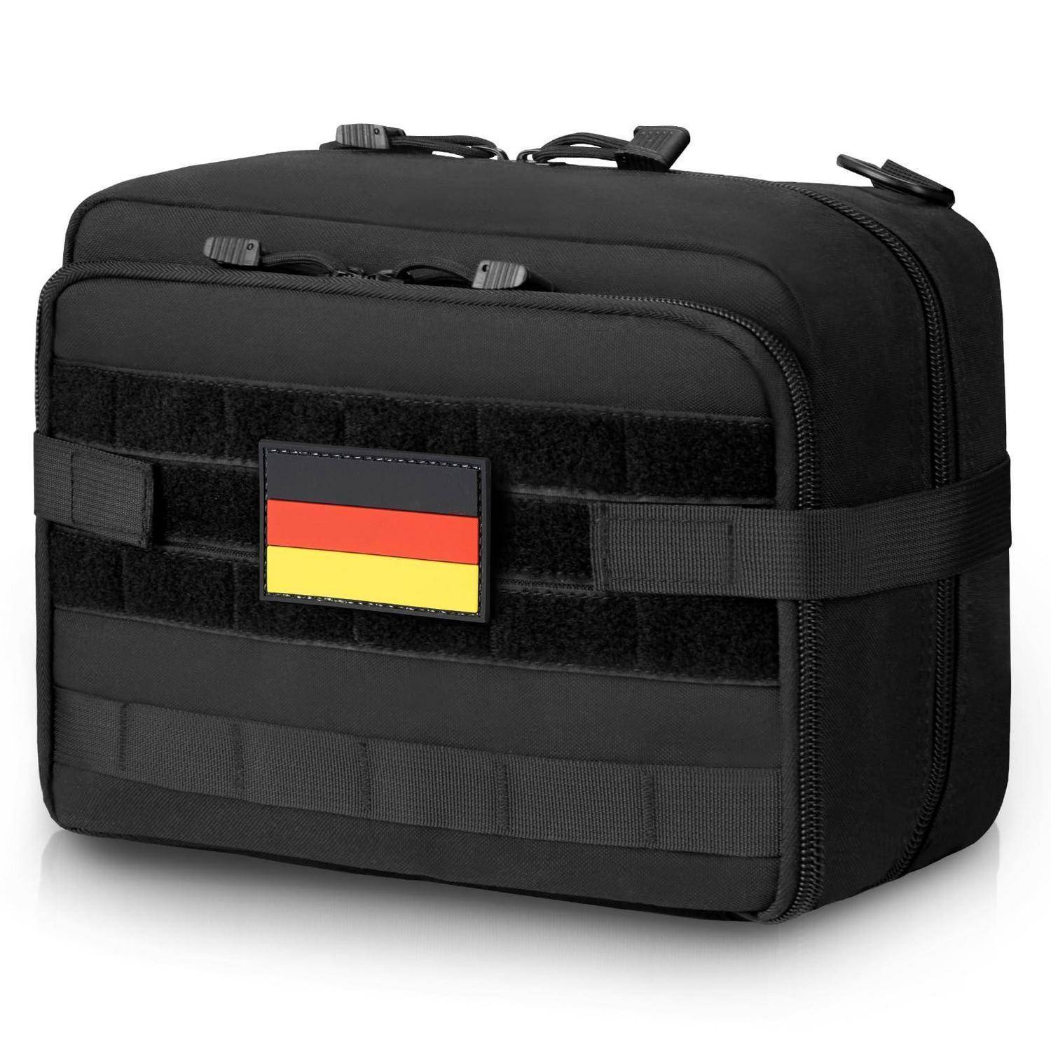 Schwarze taktische Reißverschlusstasche mit Klettverschlussgurten und einem deutschen Flaggenpatch auf der Vorderseite.