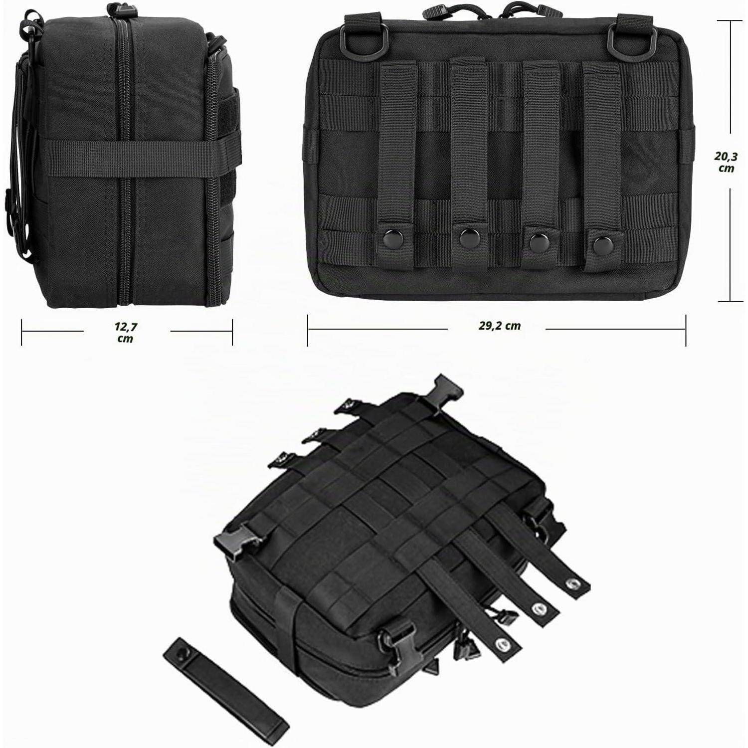 Schwarze taktische Tasche, gezeigt von der Seite, von vorne und aus schrägem Blickwinkel mit den Abmessungen 29,2 cm breit, 20,3 cm hoch und 12,7 cm tief.