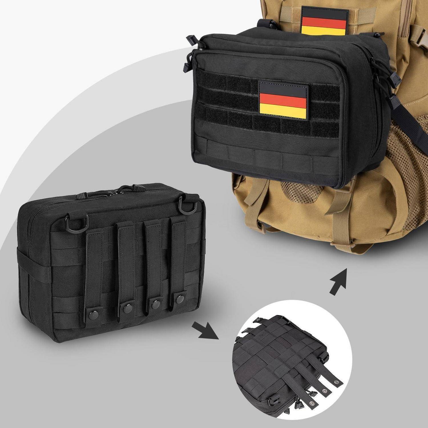 Schwarze taktische Tasche mit deutscher Flaggen-Patch, dargestellt als abnehmbare Tasche, die auf einem beigen Rucksack montiert wird, mit Pfeilen, die Anbringung und Entfernung anzeigen.