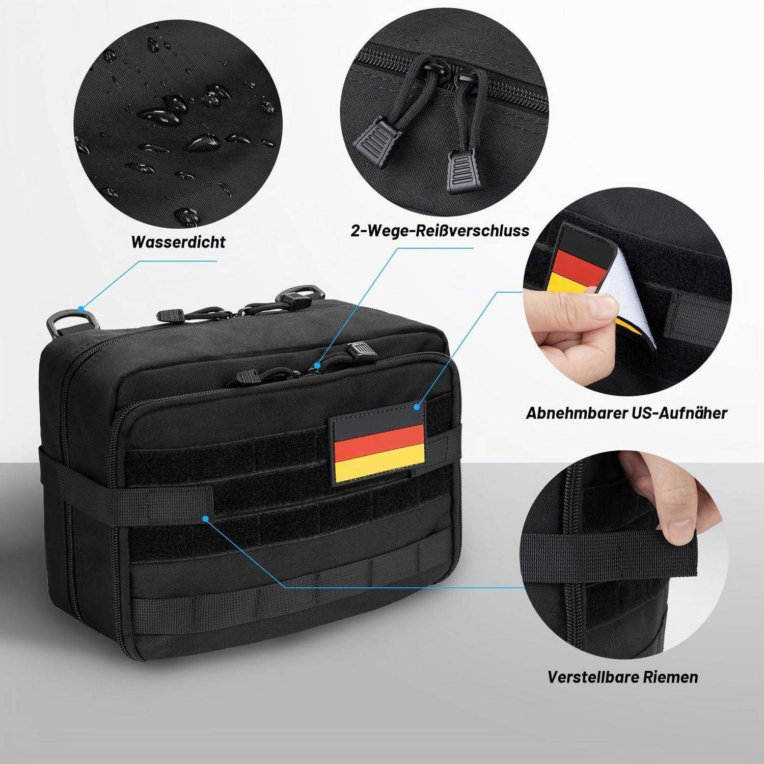 Schwarze taktische Schultertasche mit wasserundurchlässigem Material, zweirichtungs-Reißverschluss, abnehmbarem US-Patch und verstellbaren Trägern.