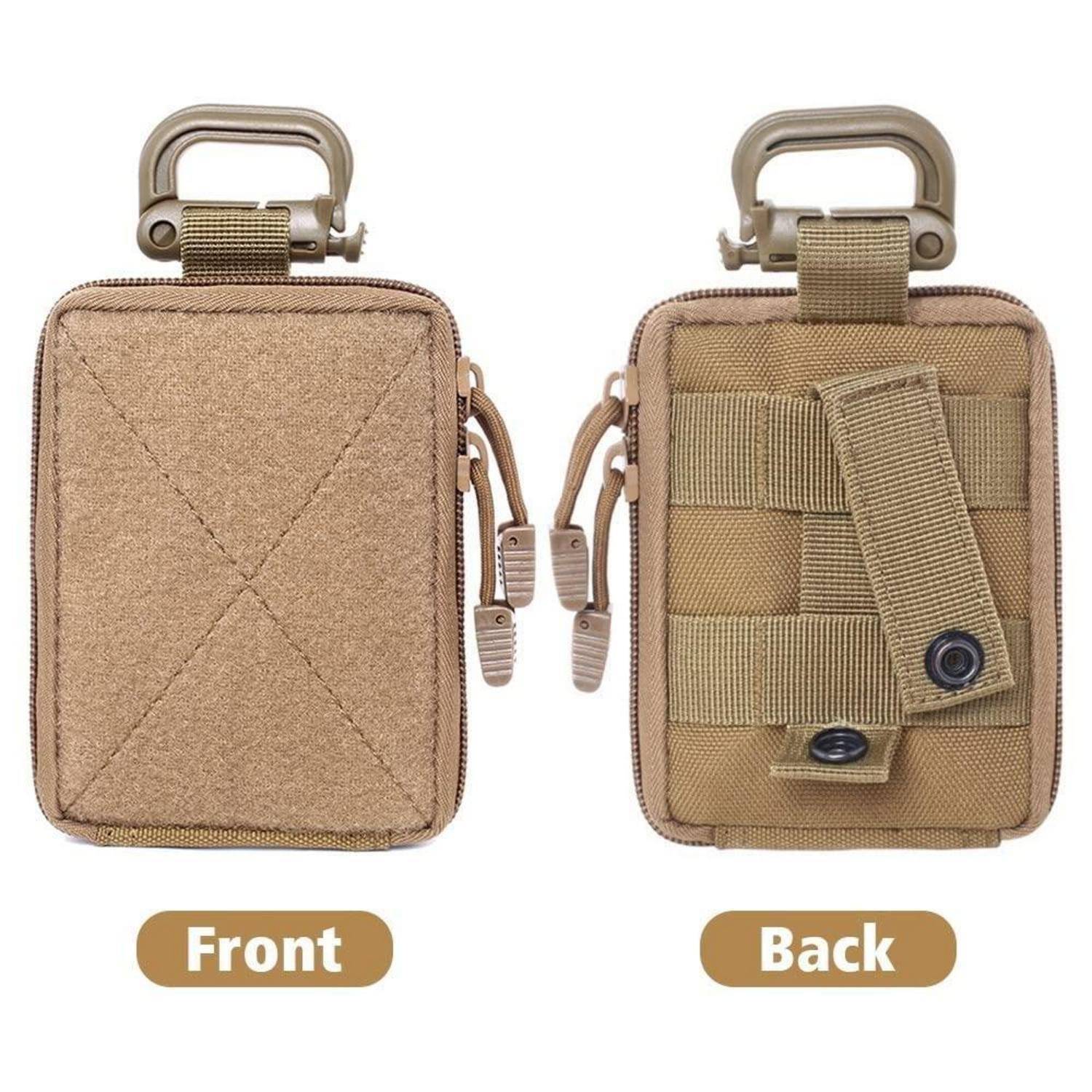 Zwei Ansichten einer beigen taktischen Tasche mit Reißverschluss: Vorderseite mit gestepptem Panel, Rückseite mit Gurt und Druckknopfverschluss, beschriftet mit „Vorderseite" und „Rückseite"".
