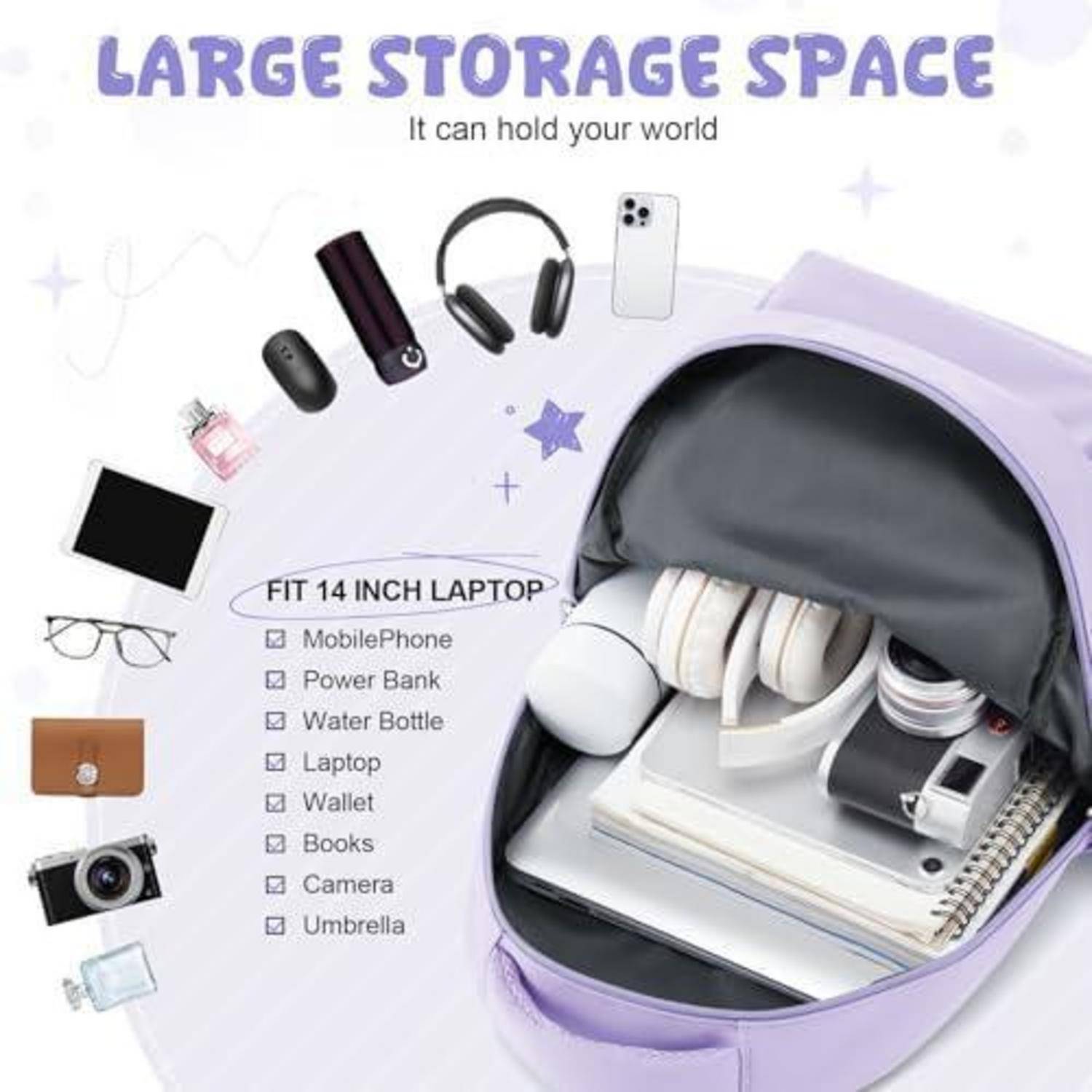 Werbegrafik eines lavendelfarbenen Rucksacks mit der Beschriftung „GROSSER STAURAUM" und „PASST FÜR 14-ZOLL-LAPTOP"", die zeigt, dass er einen Laptop, Kopfhörer, Telefon, Wasserflasche, Bücher, Kamera, Geldbörse und Regenschirm aufnehmen kann.