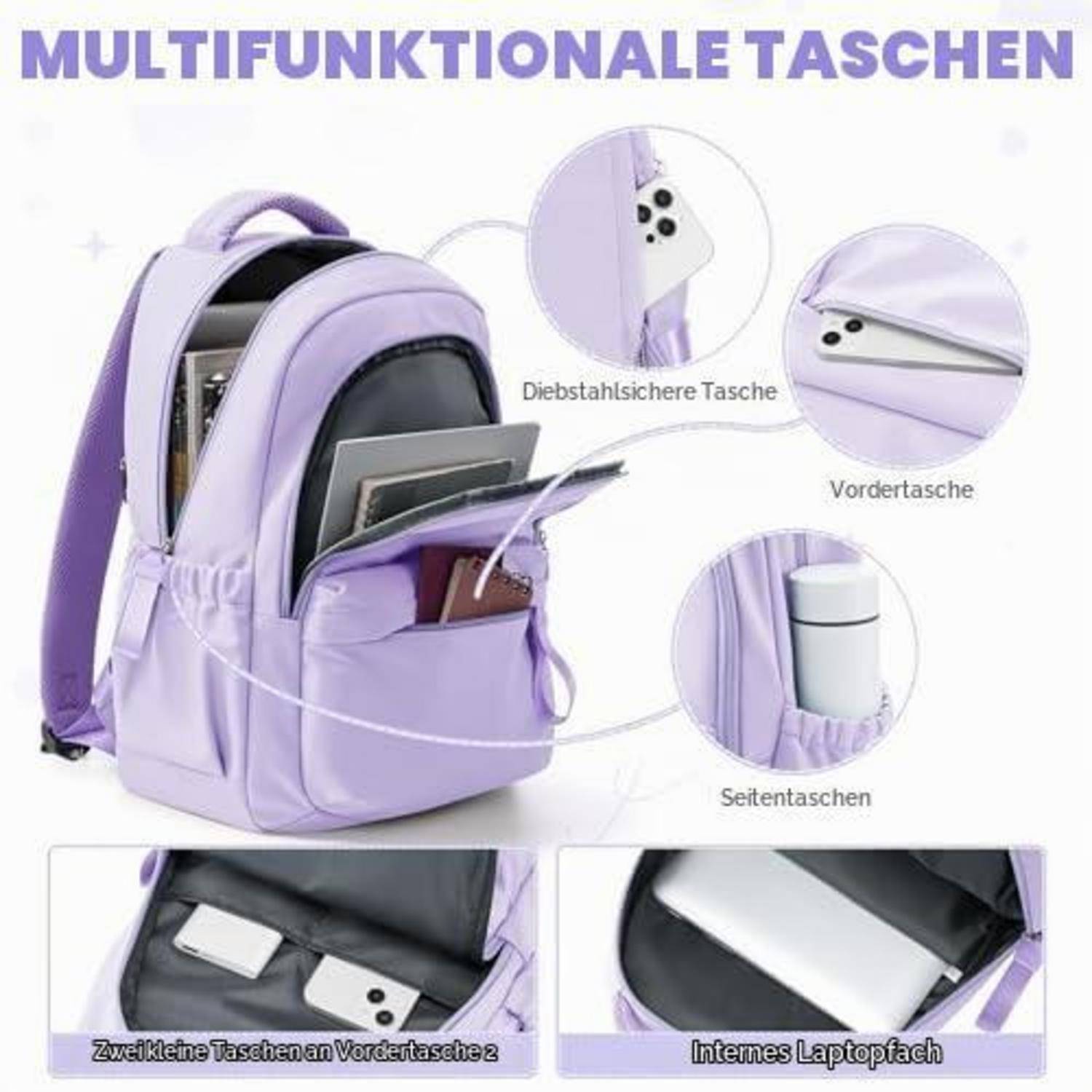 Rucksack in Lavendelfarbe mit Multifunktion, gezeigt mit diebstahlsicherem Rückentasche, Vordertasche, Seitentaschen und internem Laptop-Fach.