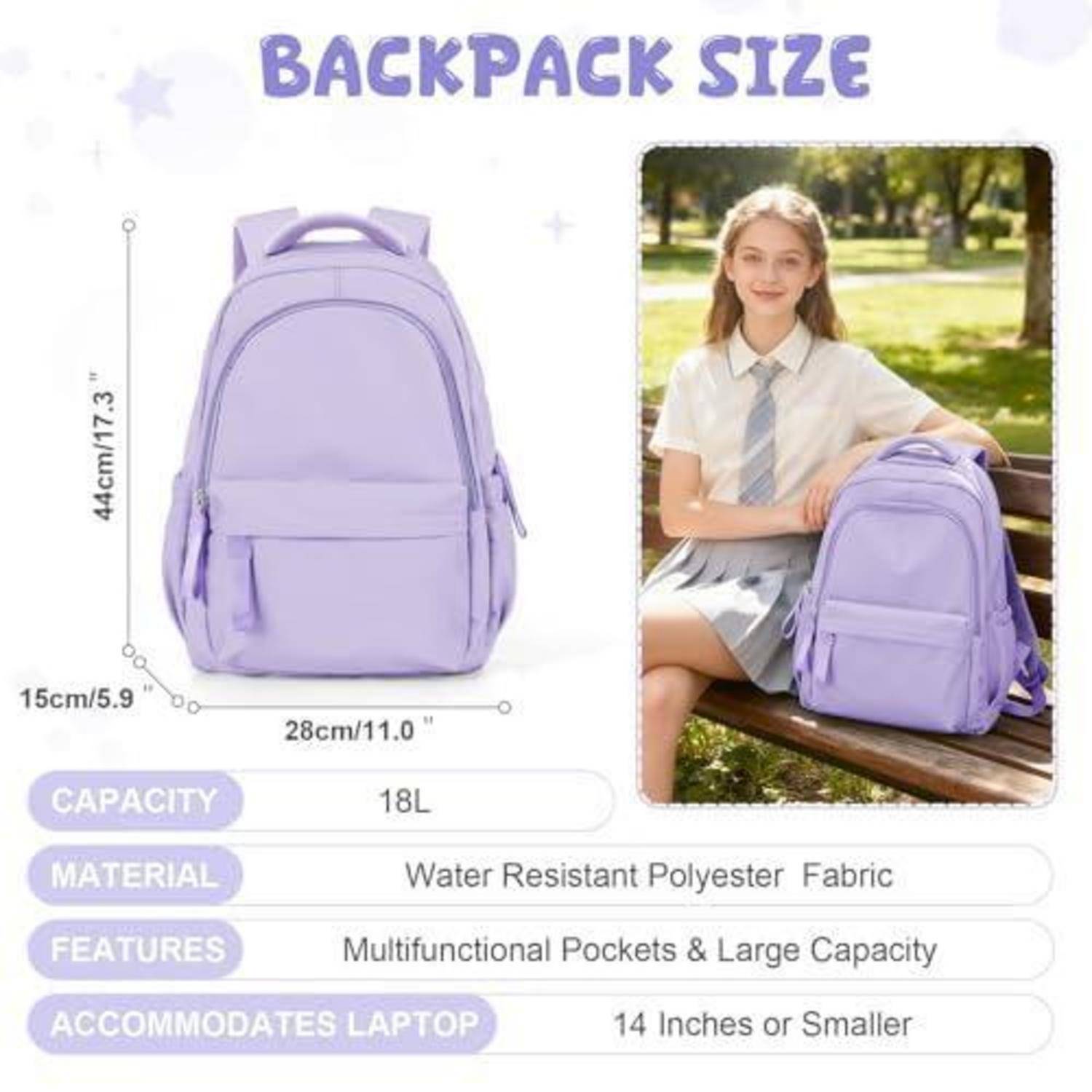 Infografik, die einen lavendelfarbenen Rucksack mit den Abmessungen 44 x 28 x 15 cm, Fassungsvermögen von 18 L, wasserabweisendem Polyester, Taschen und Platz für Laptops bis 14 Zoll zeigt; abgebildet auf einem Mädchen im Freien.
