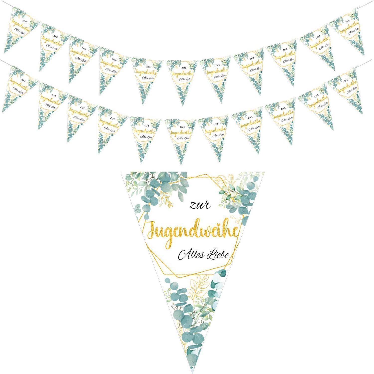 Dekorative Girlanden und ein passendes Wimpelbanner mit Blumenmuster, auf dem „zur Jugendweihe