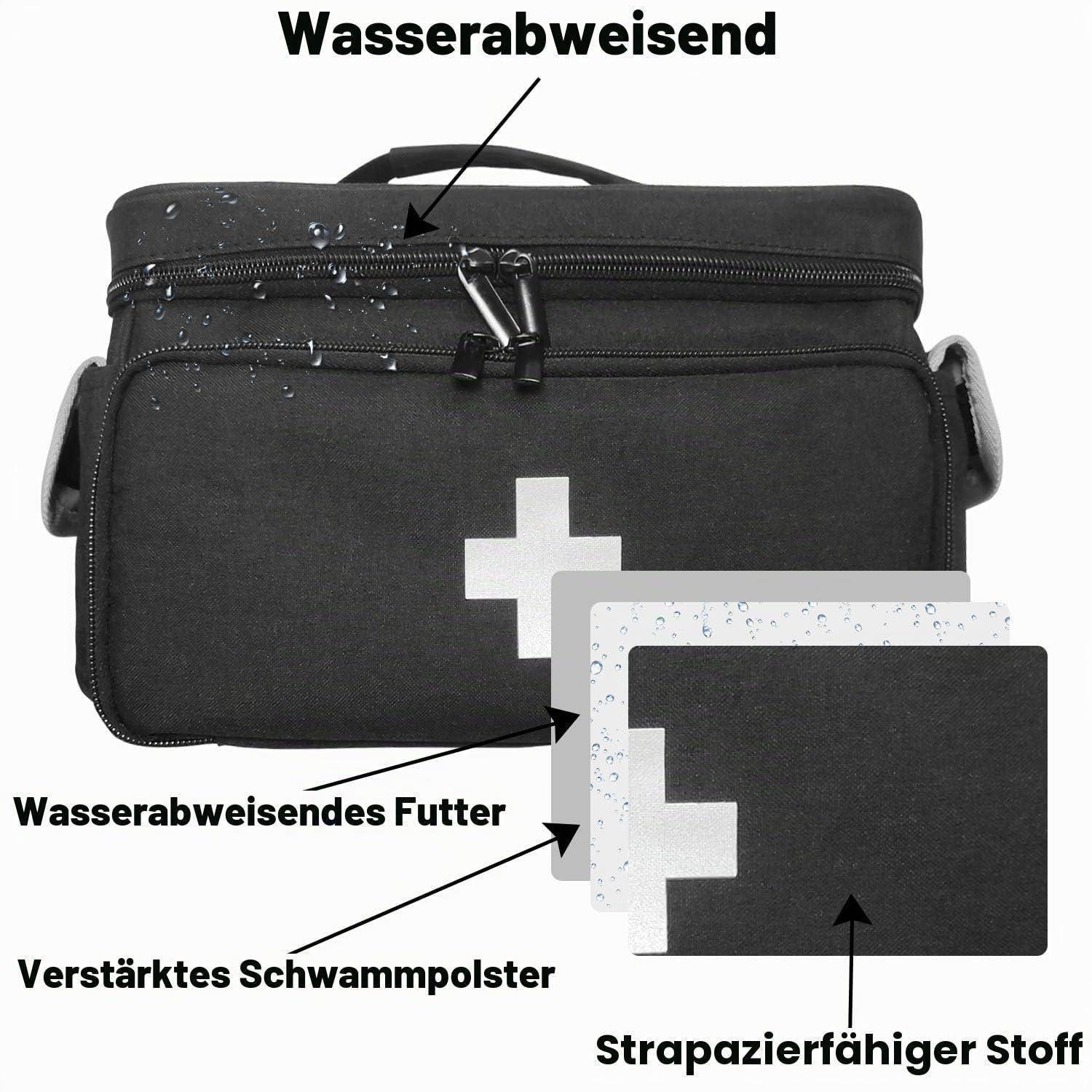 Schwarze medizinische Tasche im Ärztestil mit weißem Kreuz, gekennzeichnet in deutscher Sprache als wasserabweisend, mit verstärkter Schaumstoffpolsterung und strapazierfähigem Stoff, mit eingelegten Materialmustern.