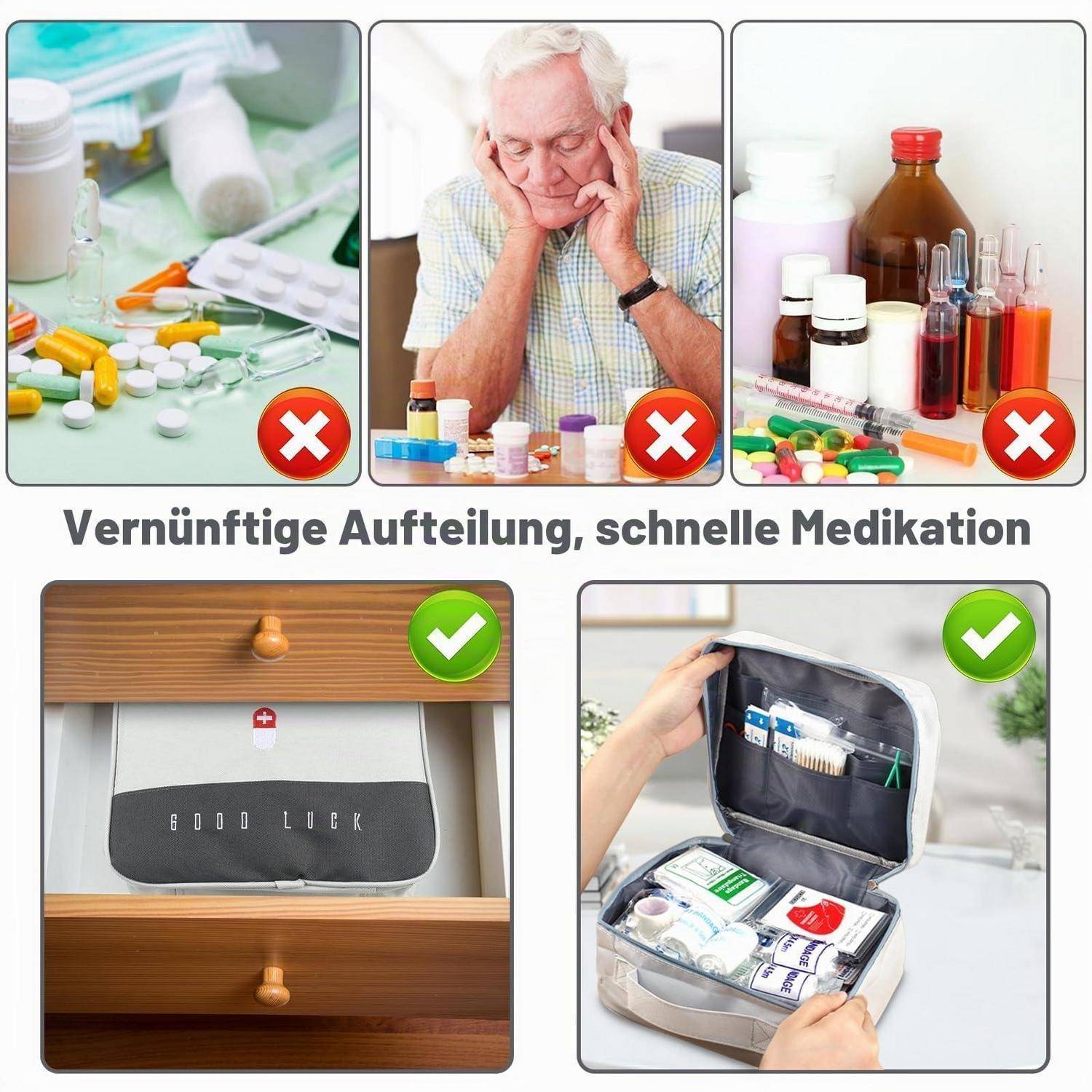 # Sachgerechte Lagerung von Medikamenten: drei fehlerhafte Beispiele mit roten Kreuzen gekennzeichnet und zwei organisierte Lagerlösungen mit grünen Häkchen gekennzeichnet, mit der Beschriftung „Vernünftige Aufteilung, schnelle Medikation".