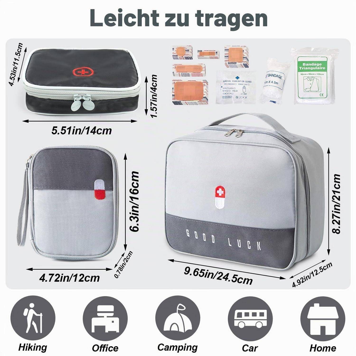 3-teiliges Set Medikamententasche, Reiseapotheke, wasserdicht, Grau