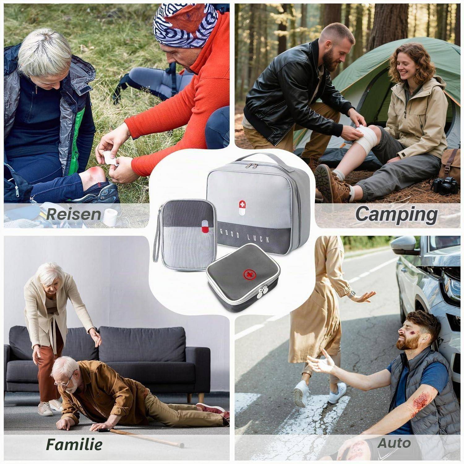 Collage mit Verbandskastenkoffern für Reisen, Camping, Notfälle in der Familie und Autounfälle, mit Szenen von Menschen, die Erste Hilfe leisten.