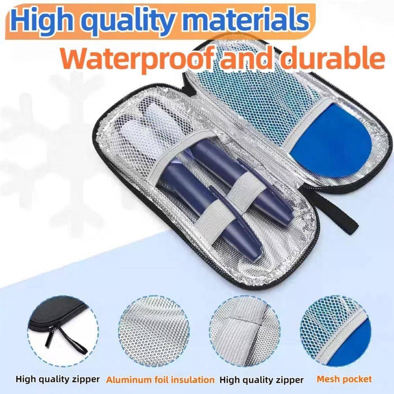 Werbebild eines Stifteetuis mit Reißverschluss, reflektierender Folienfütterung und Netztaschen, beschriftet mit „hochwertige Materialien" und „wasserdicht und langlebig"".